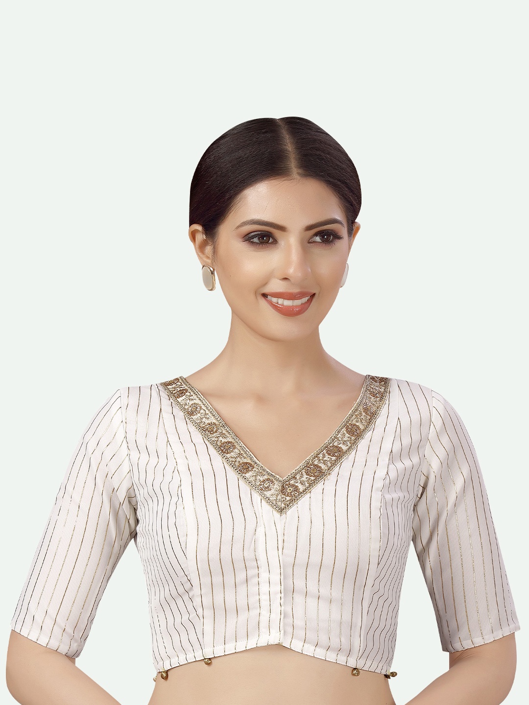 

Studio Shringaar Women Cream Colored Striped Embroidered Saree Blouse