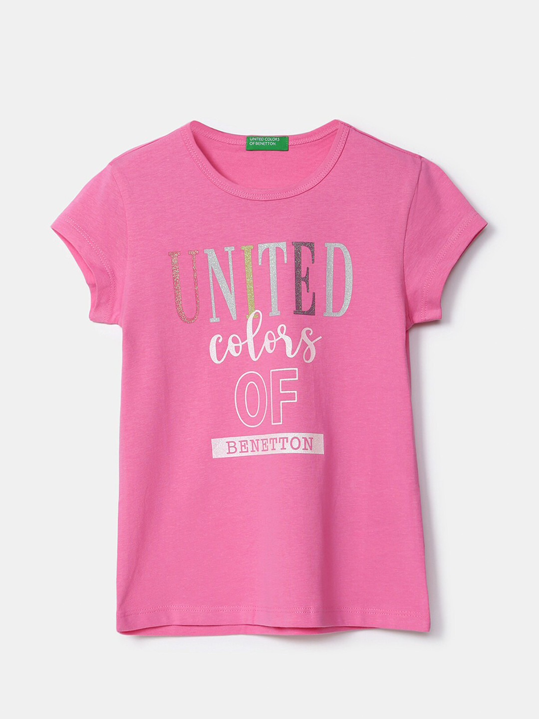 

United Colors of Benetton Girls Pink Typography Printed Applique T-shirt
