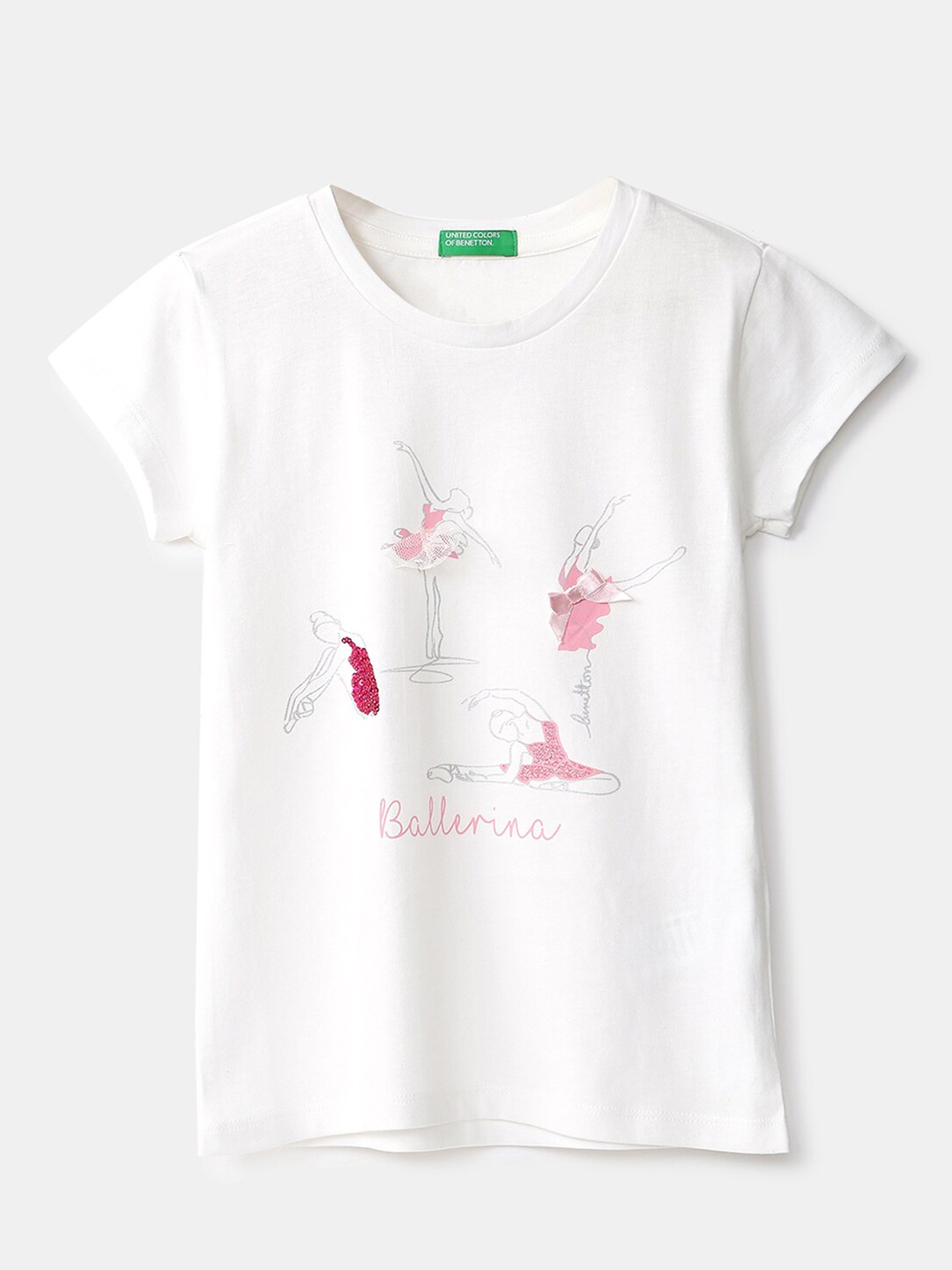 

United Colors of Benetton Girls White V-Neck Applique T-shirt