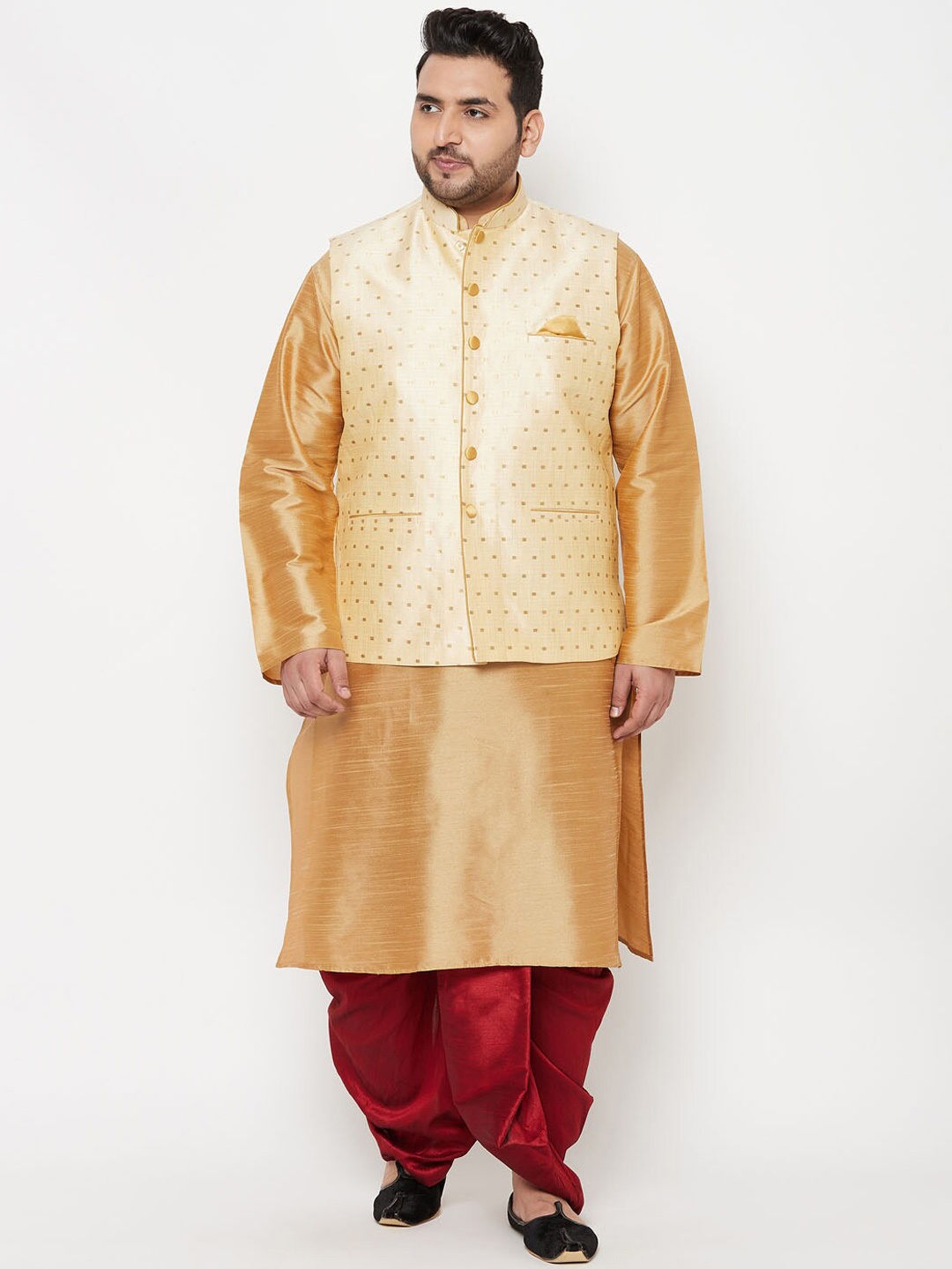 

VASTRAMAY Men Plus Size Rose Gold & maroon Kurta with Dhoti Pants & Nehru Jacket