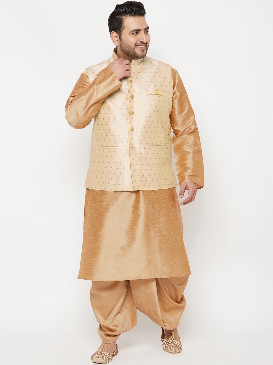 

VASTRAMAY Men Rose Gold Pleated Kurta with Dhoti Pants Nehru Jacket