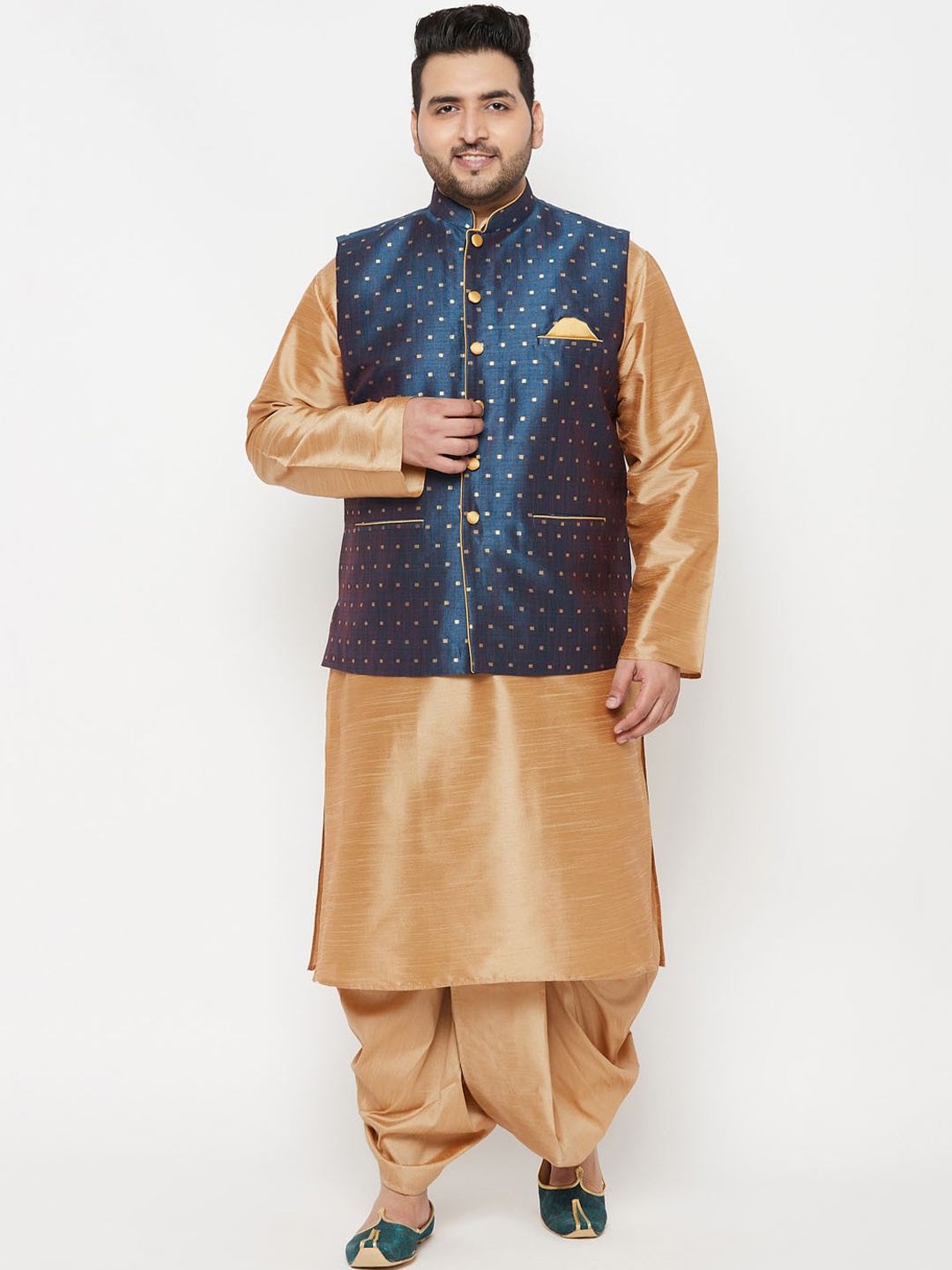 

VASTRAMAY Men Rose Gold Yoke Design Layered Top with Dhoti Pants