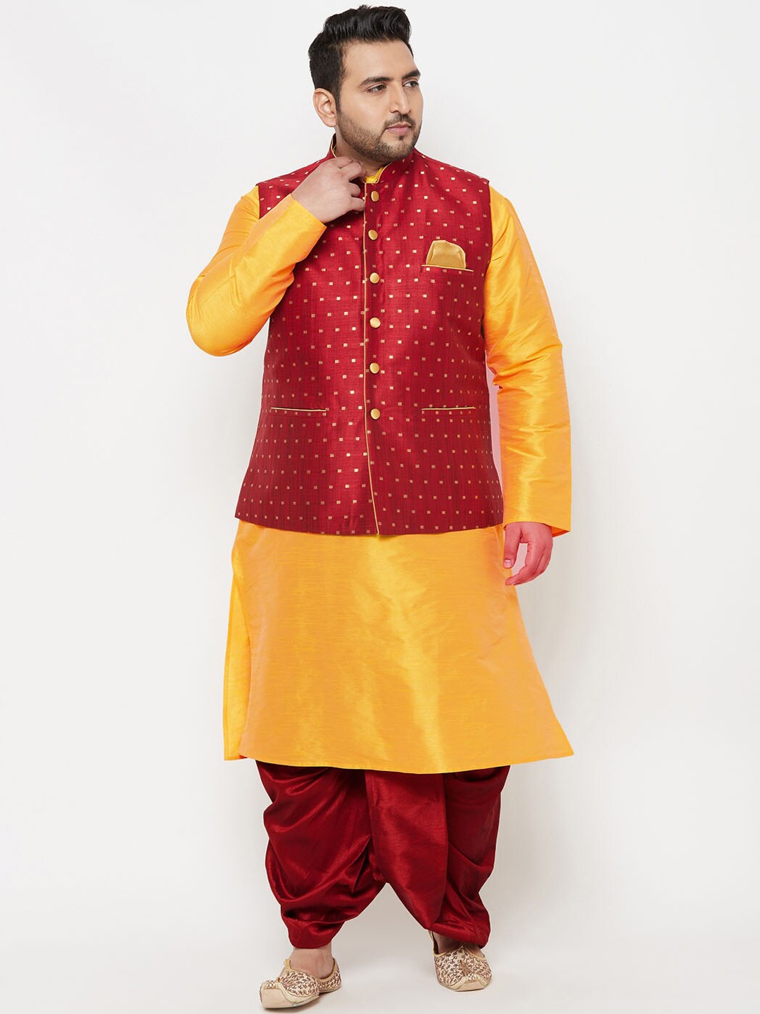 

VASTRAMAY Men Yellow Layered Kurta with Dhoti Pants & Nehru Jacket