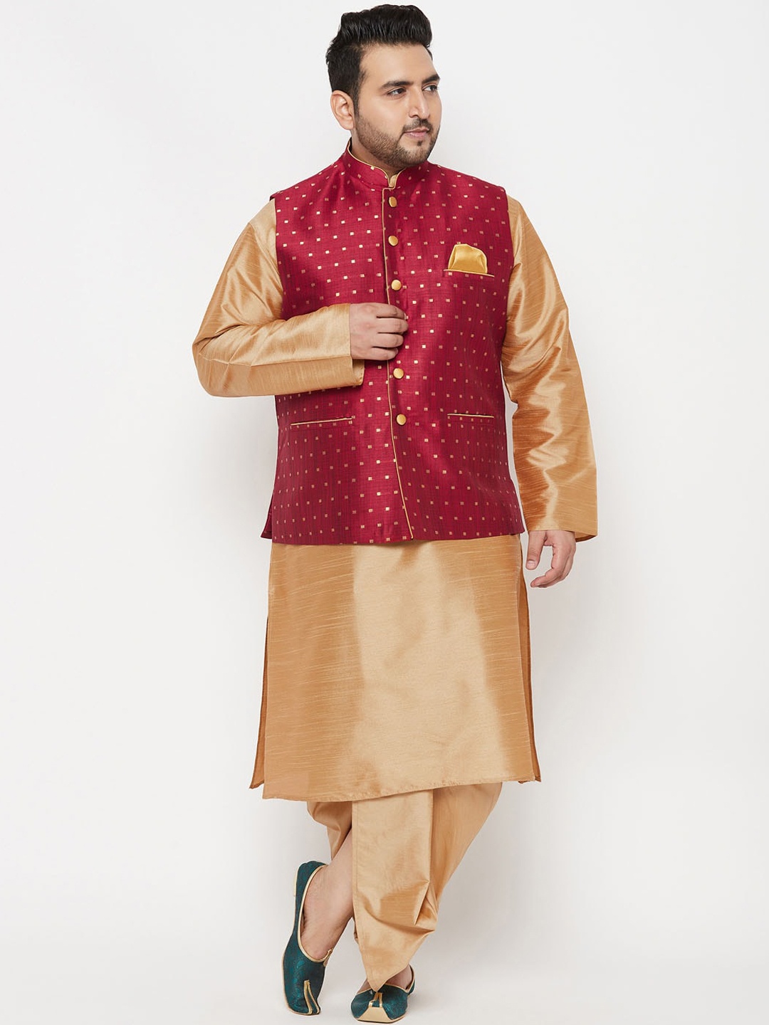 

VASTRAMAY Men Rose Gold Kurta With Dhoti Pants & Nehru Jacket