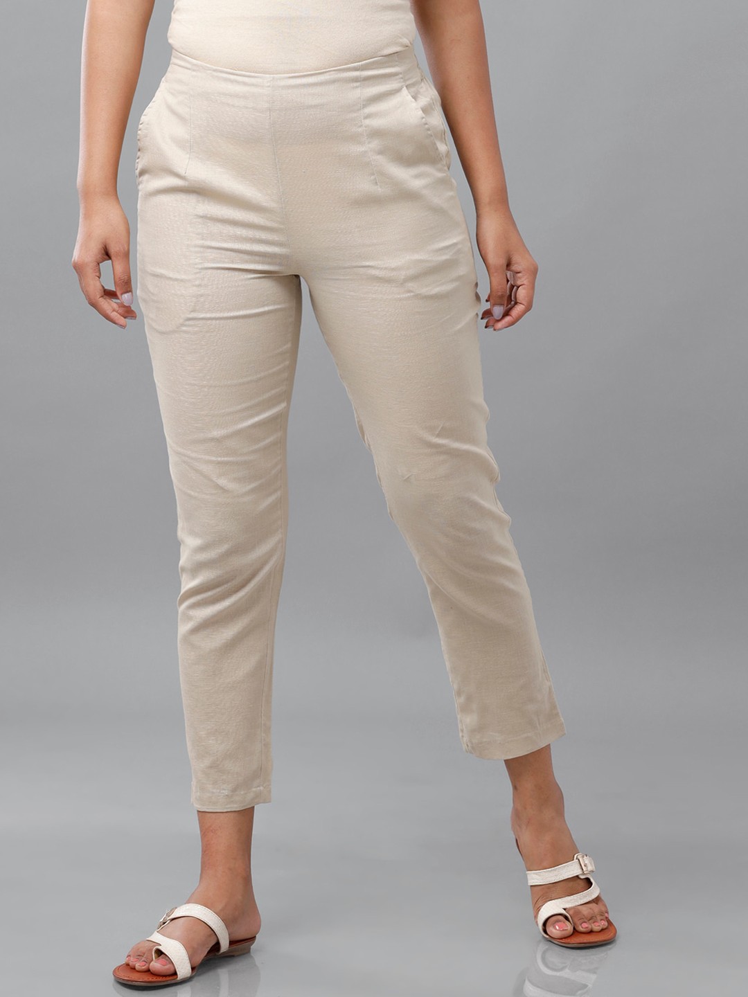

De Moza Women Beige Cropped Length Cigarette Trousers