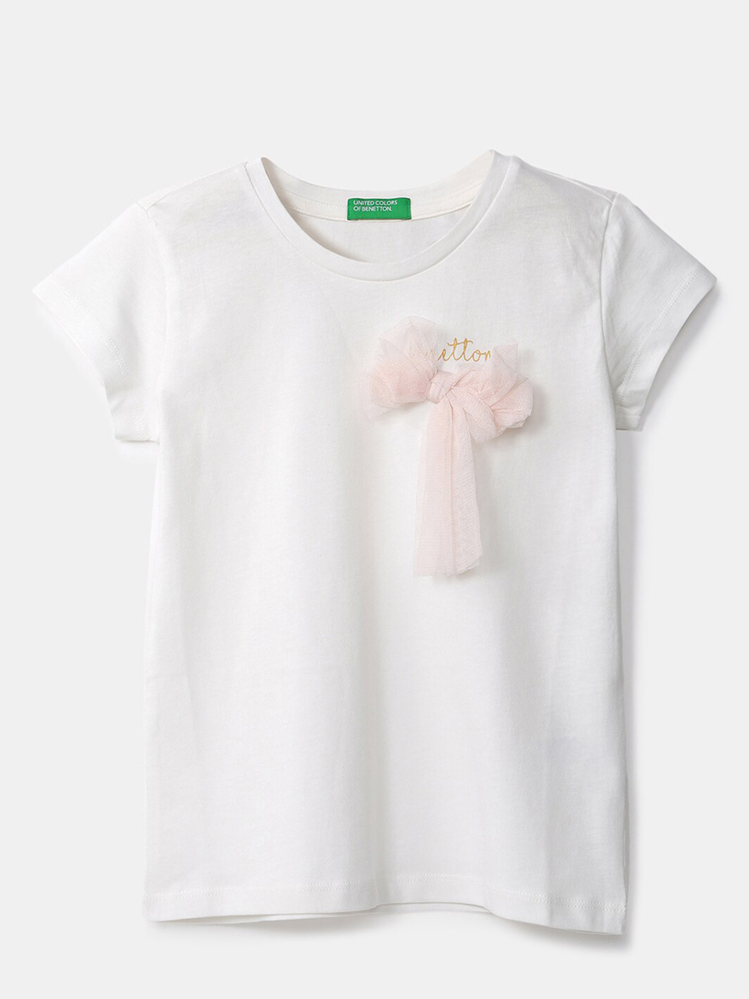 

United Colors of Benetton Girls Off White Solid Pure Cotton Regular Top With Applique