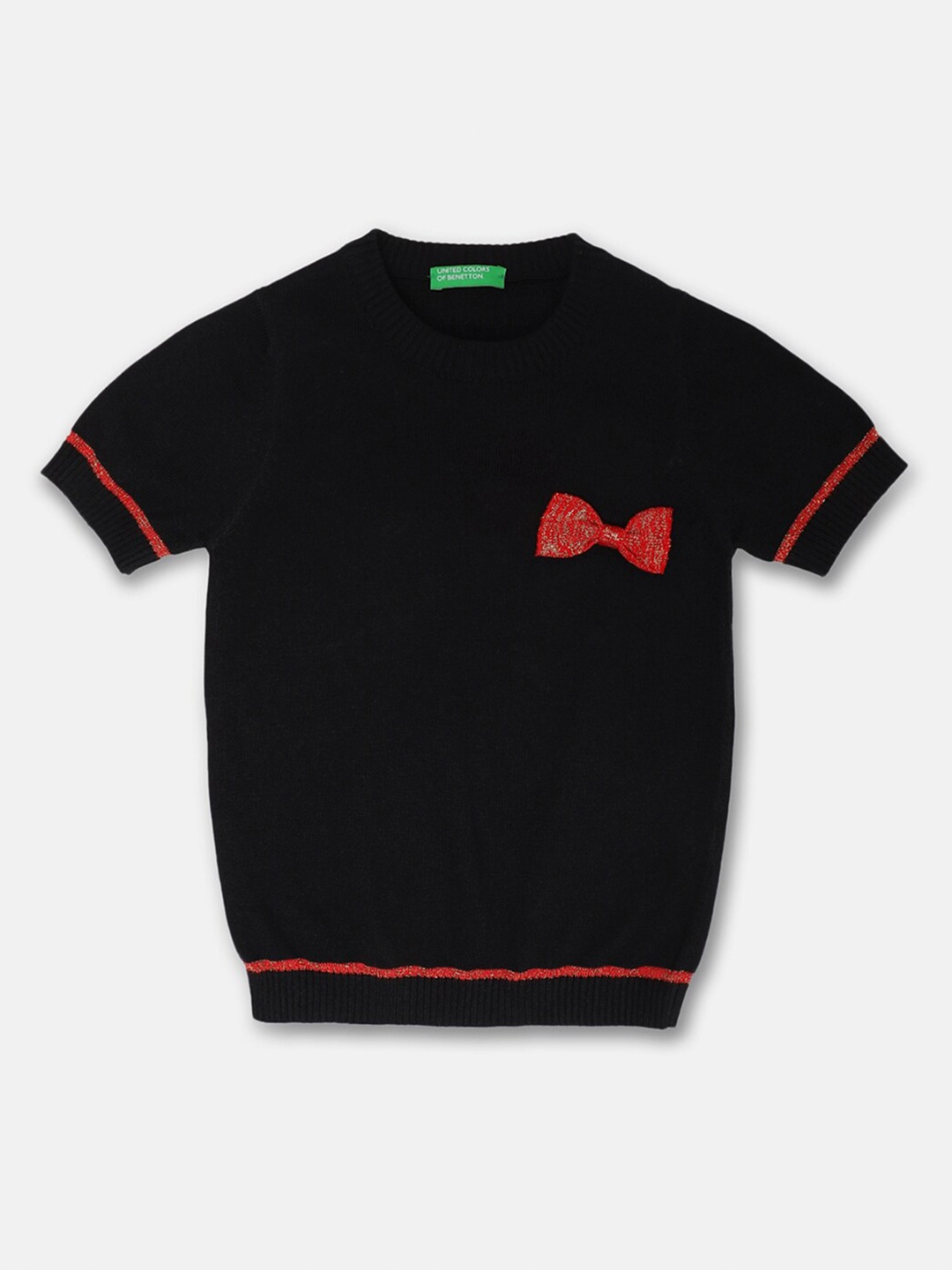 

United Colors of Benetton Girls Black Blouson Sleeve Bow Top
