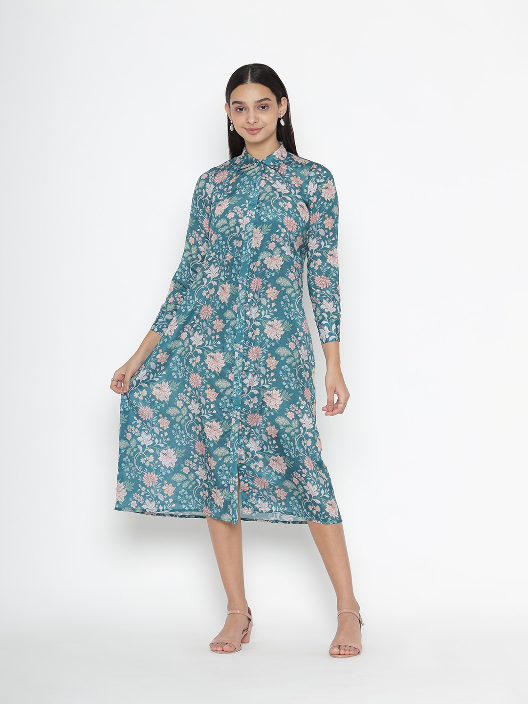

SEW YOU SOON Teal Floral Chiffon Shirt Midi Dress
