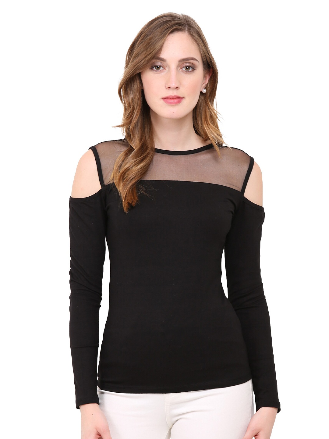 

LE BOURGEOIS Women Black Solid Cold Shoulder Sleeve Top