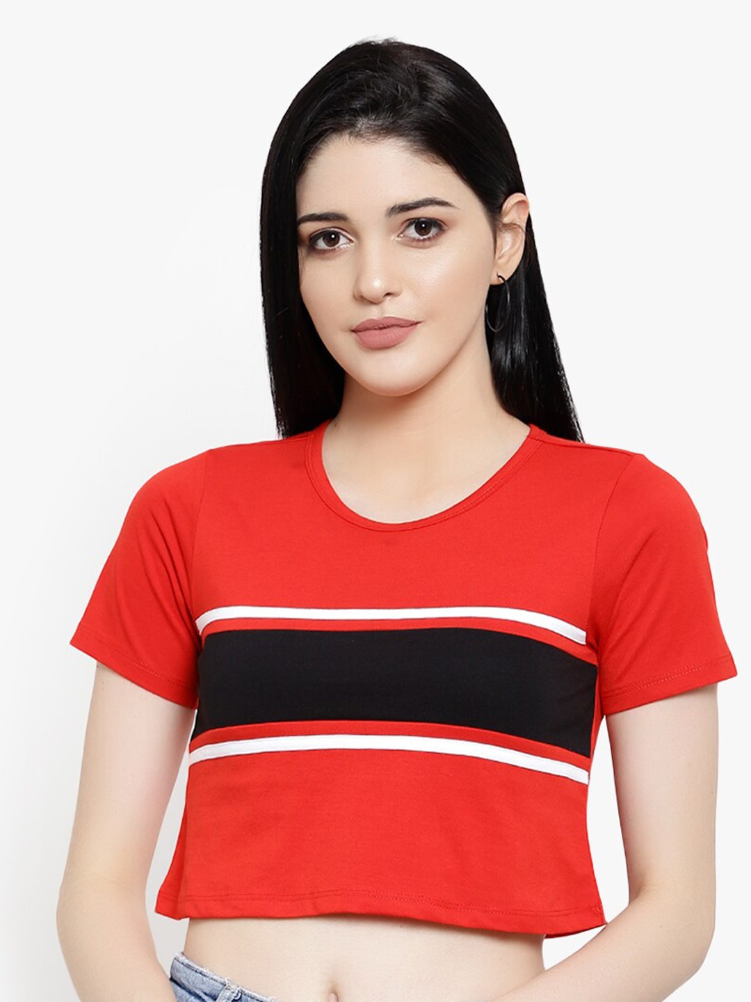 

LE BOURGEOIS Red & Black Striped Crop Top