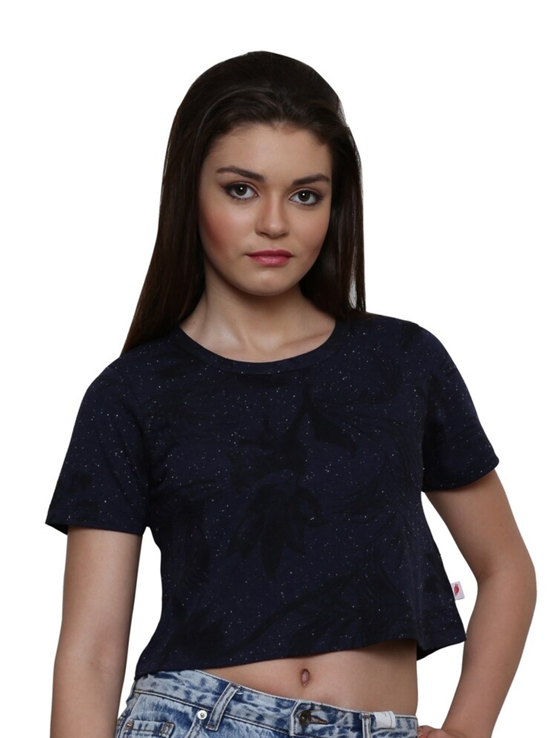 

LE BOURGEOIS Navy Blue Floral Print Crop Top