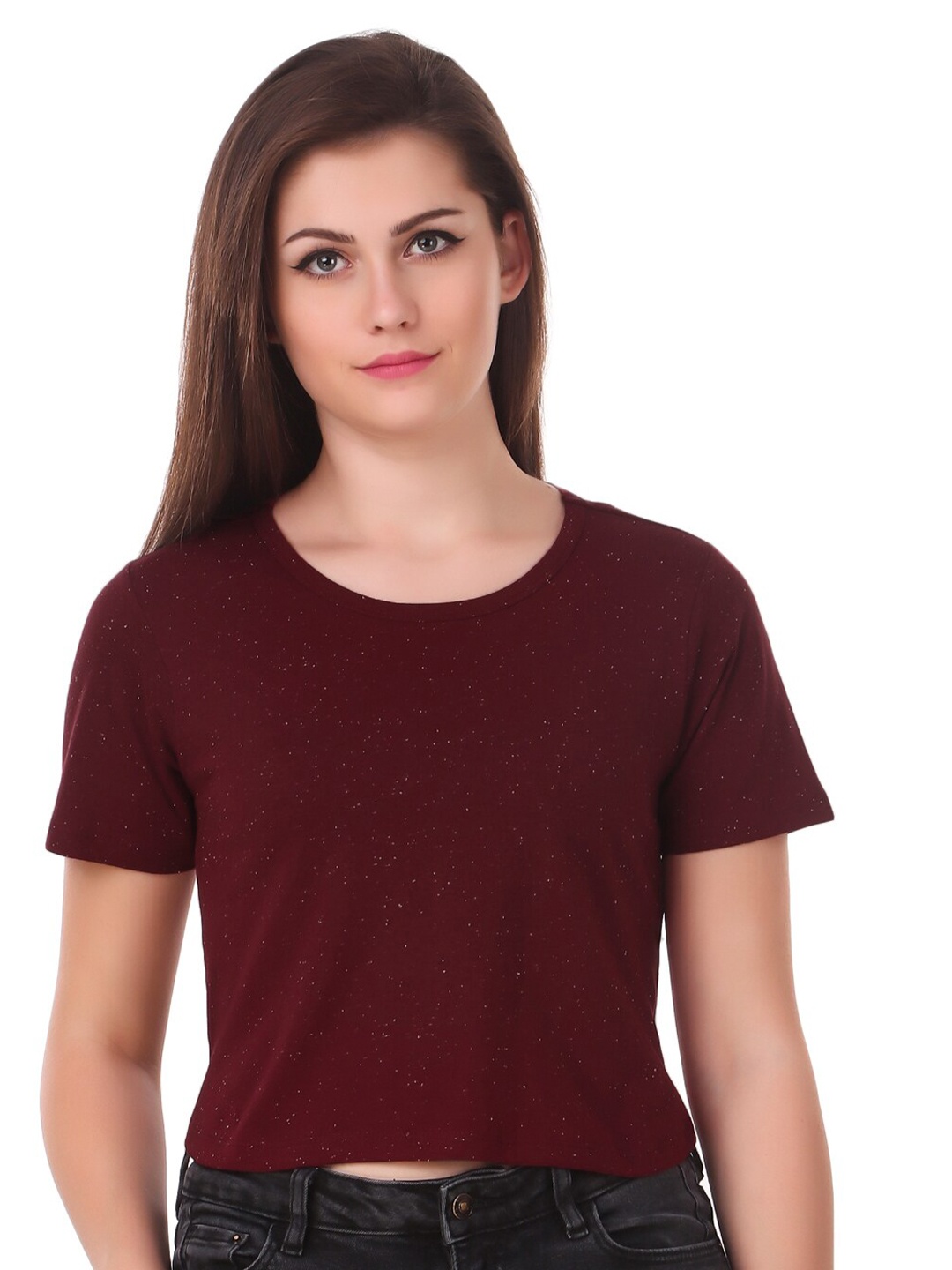 

LE BOURGEOIS Women Maroon Solid Round Neck Half Sleeve Crop Top