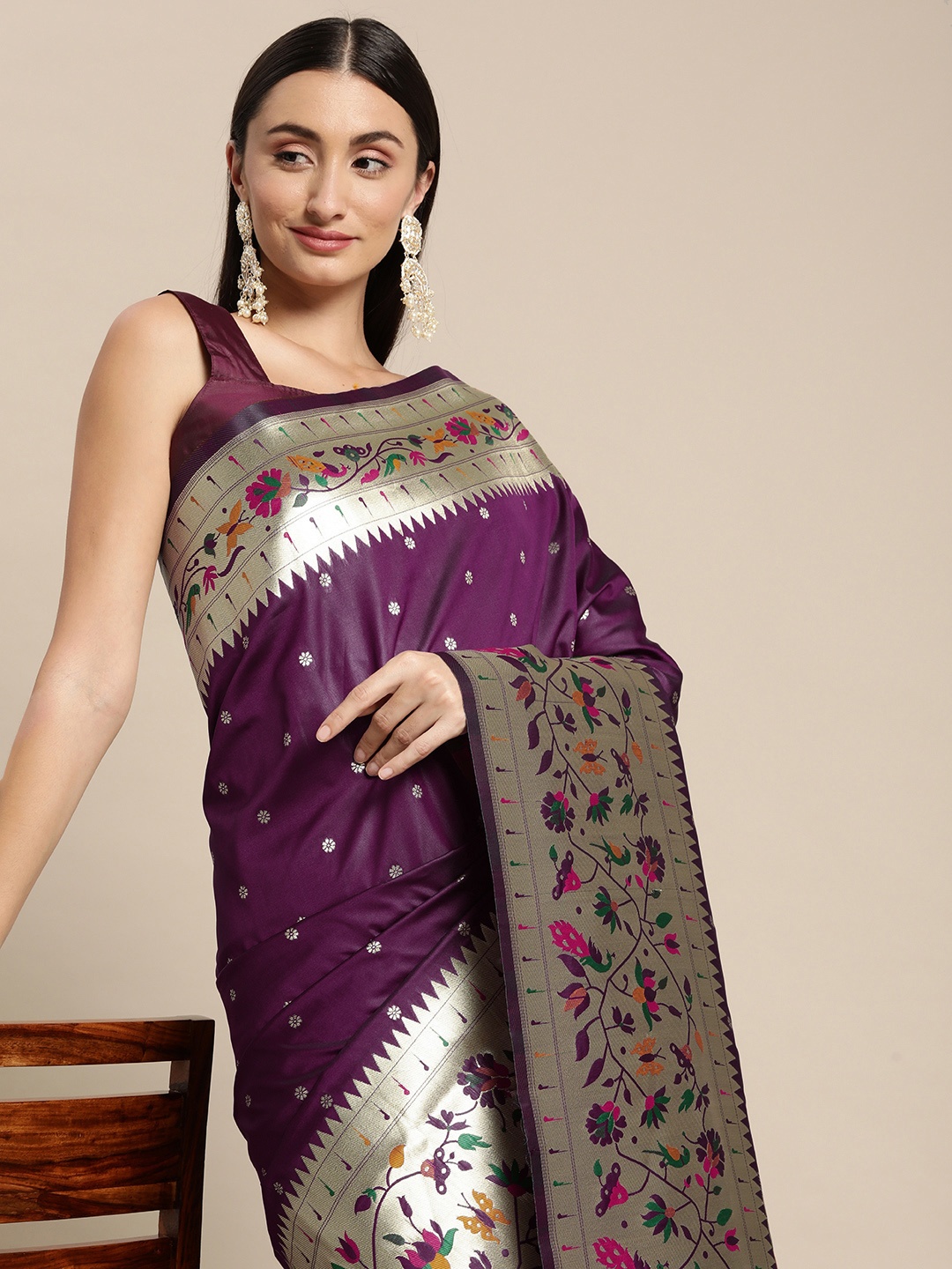 

VRSALES Purple & Gold-Toned Ethnic Motifs Zari Silk Blend Banarasi Saree