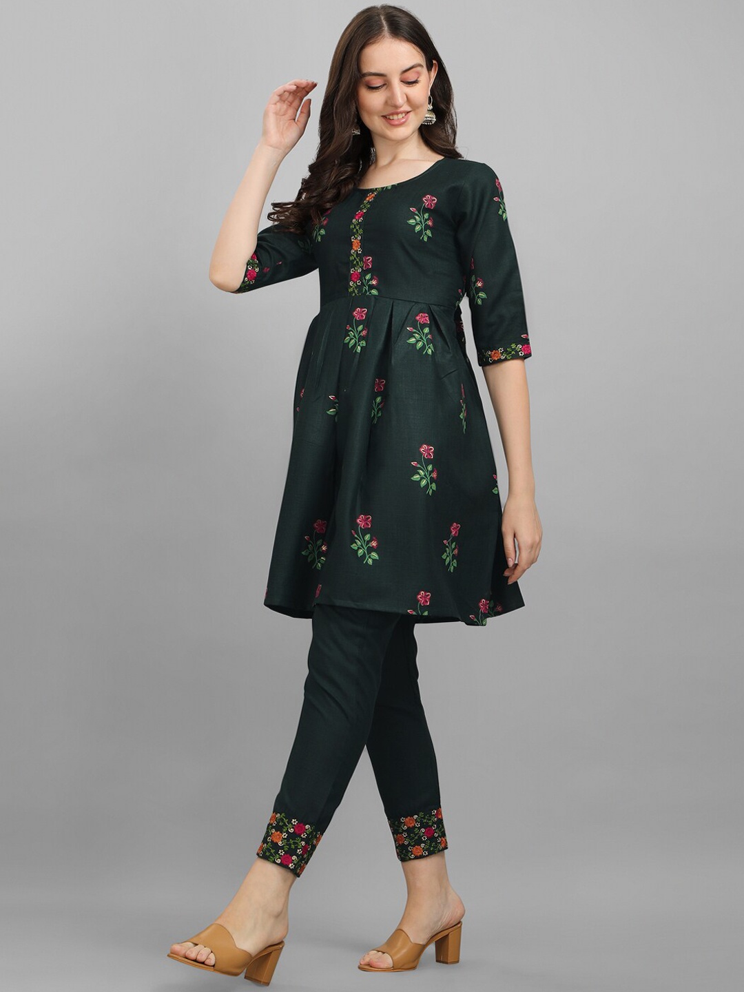 

KALINI Women Teal Blue Floral Embroidered A-Line Kurti with Trousers