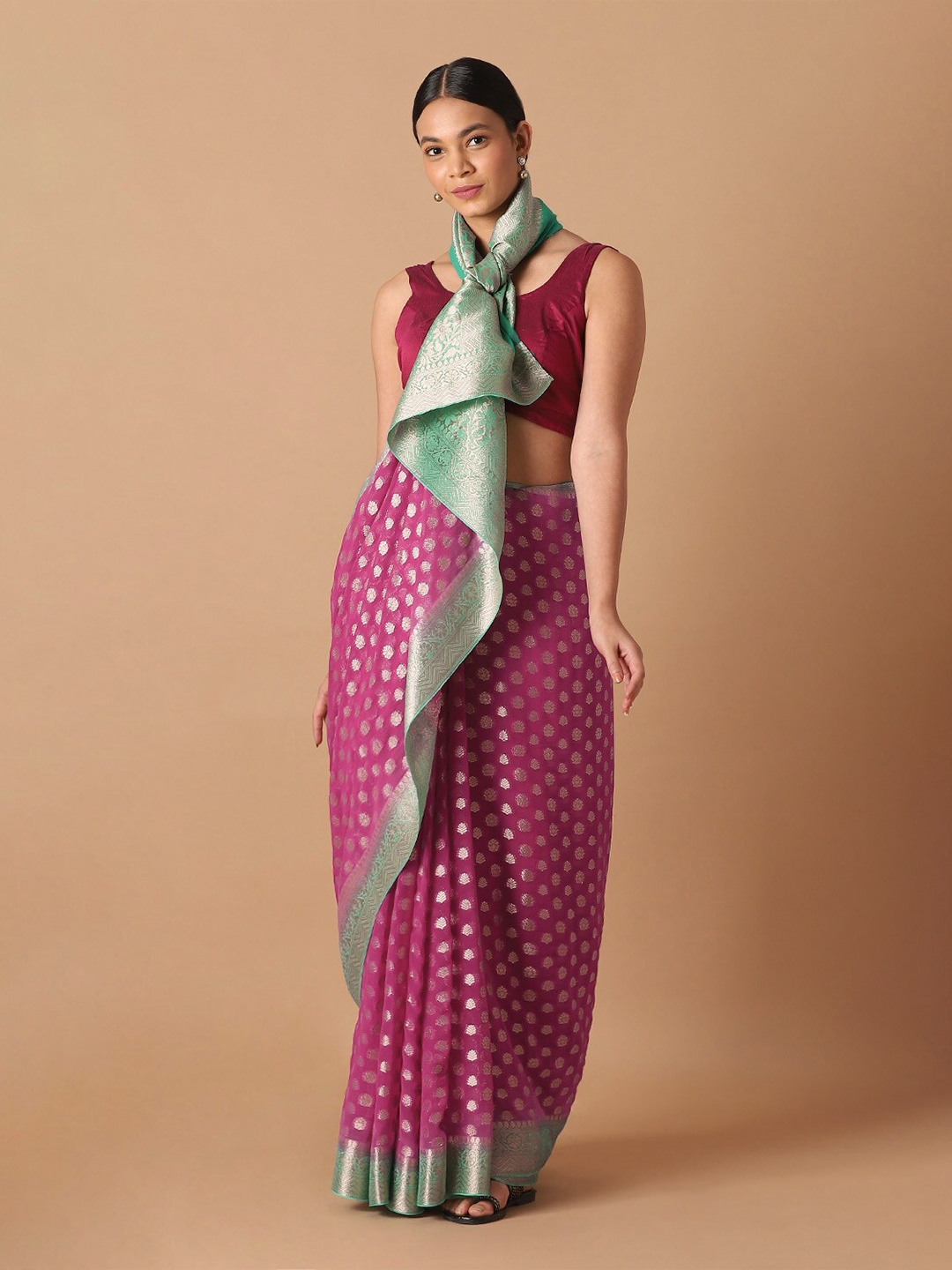

Taneira Women Pink & Green Woven Design Zari Banarasi Saree