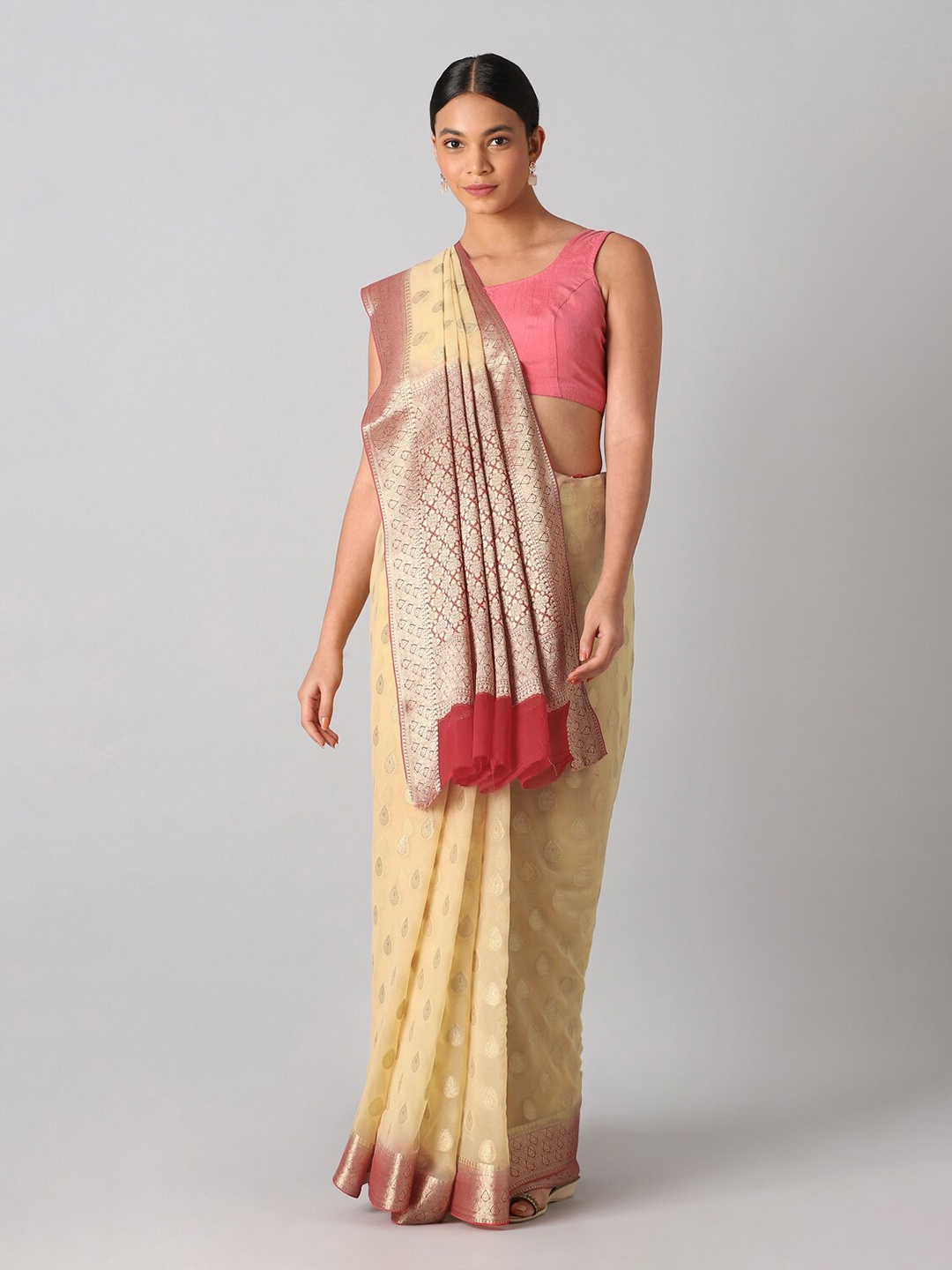 

Taneira Yellow & Red Ethnic Motifs Zari Banarasi Saree