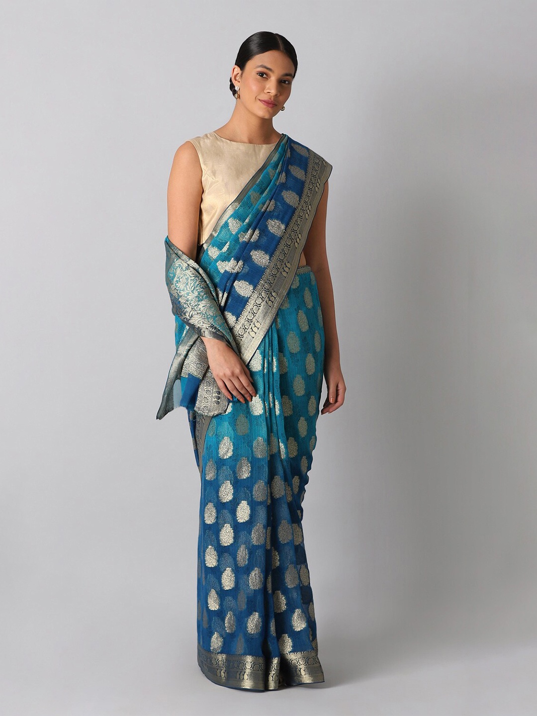 

Taneira Blue & Gold-Toned Woven Design Zari Banarasi Saree