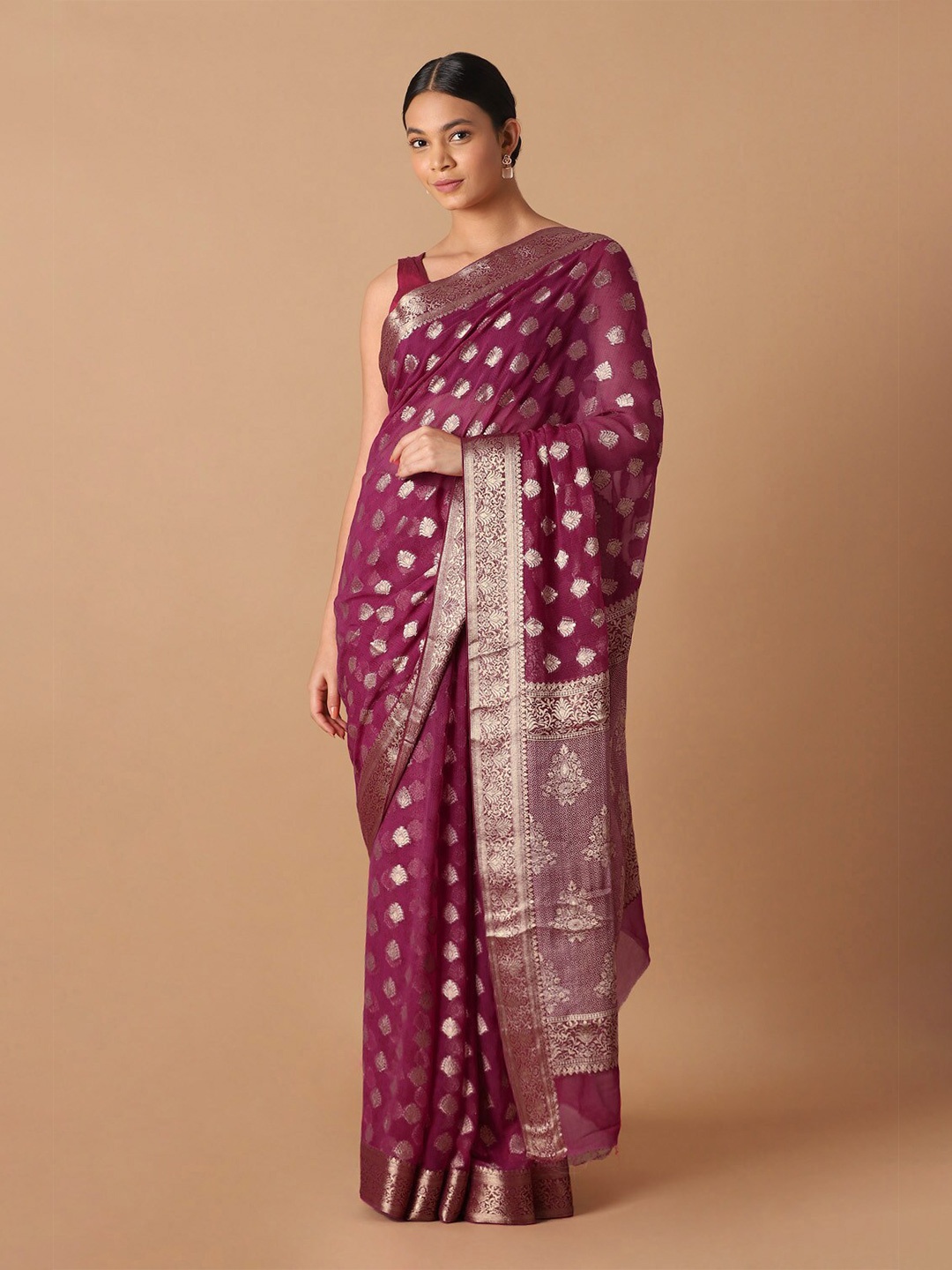

Taneira Pink & Gold-Toned Ethnic Motifs Zari Banarasi Saree