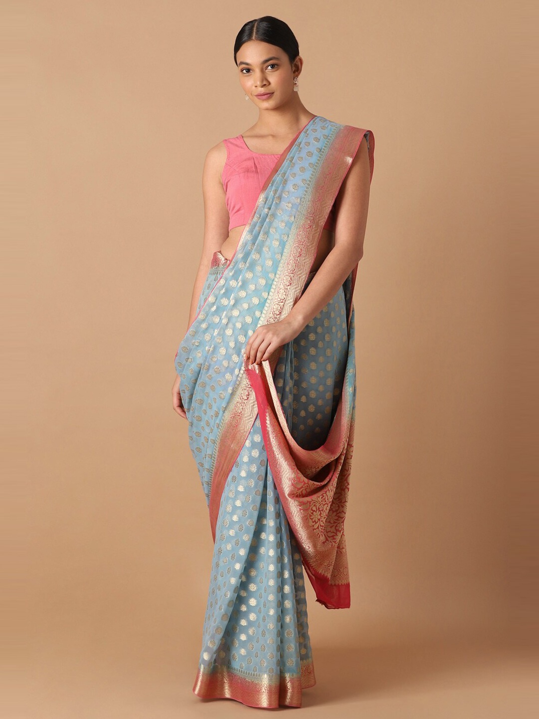 

Taneira Blue & Pink Woven Design Zari Banarasi Saree