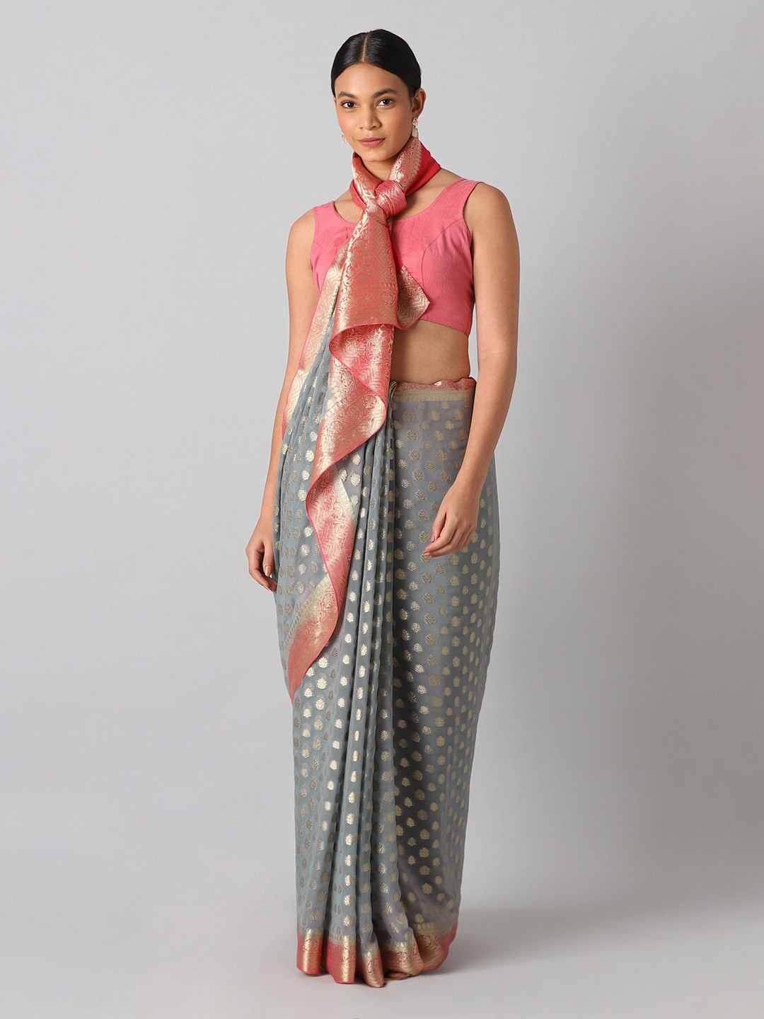 

Taneira Grey & Pink Woven Design Zari Banarasi Saree