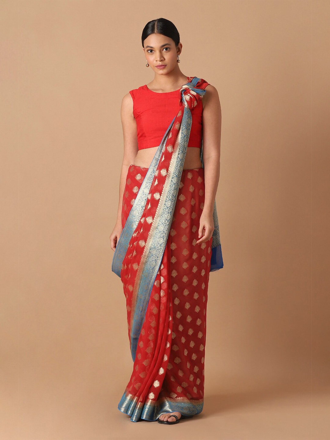 

Taneira Red & Blue Ethnic Motifs Zari Banarasi Saree