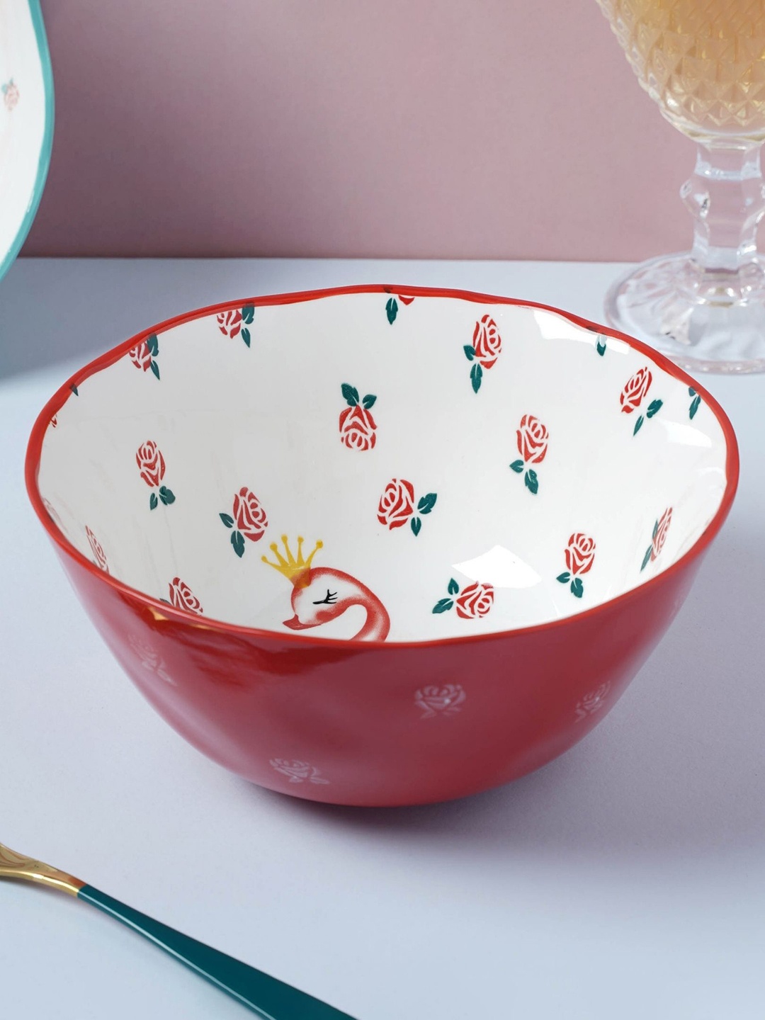 

Nestasia White & Red Microwave Safe Floral Printed Ceramic Glossy Curry Bowl