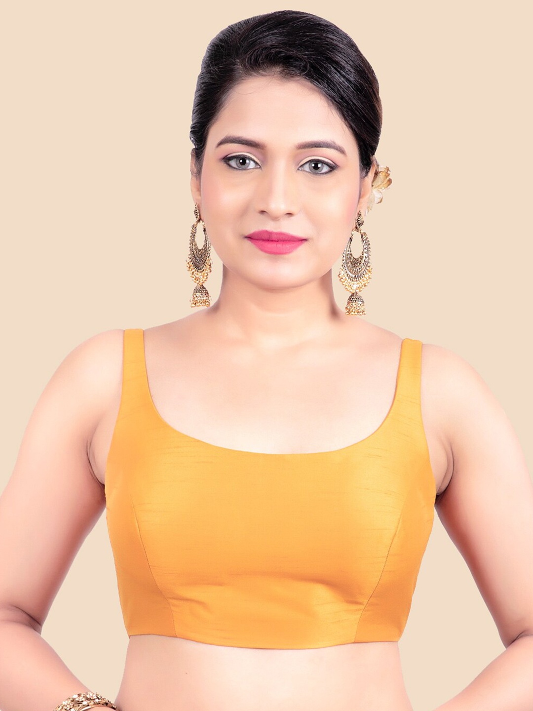 

FEMMIBELLA Women Mustard Solid Princess Cut Padded Readymade Raw Silk Saree Blouse