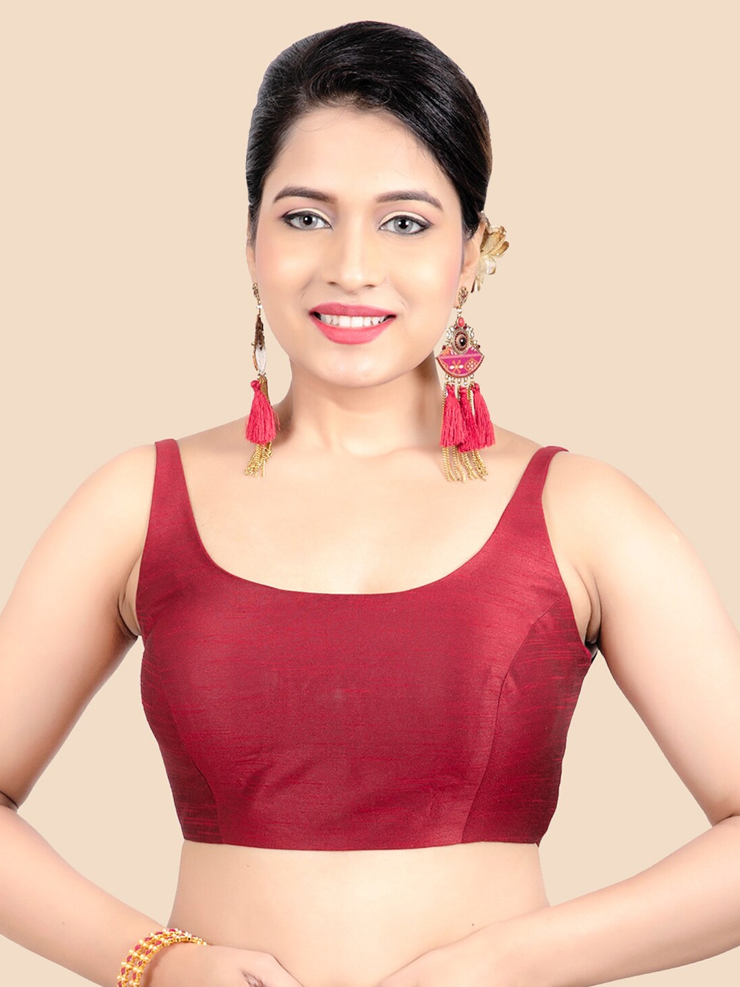 

FEMMIBELLA Maroon Solid Princess Cut Padded Readymade Raw Silk Saree Blouse
