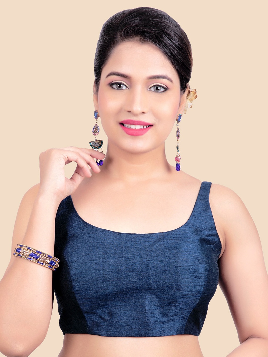 

FEMMIBELLA Navy Blue Solid Princess Cut Padded Readymade Saree Blouse
