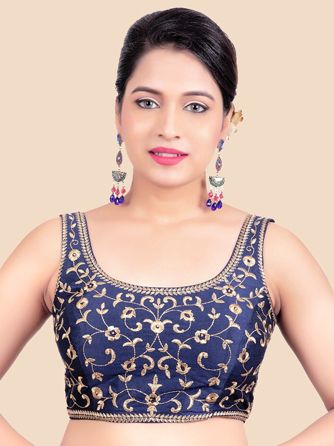 

FEMMIBELLA Women Navy Blue Embroidered Saree Blouse