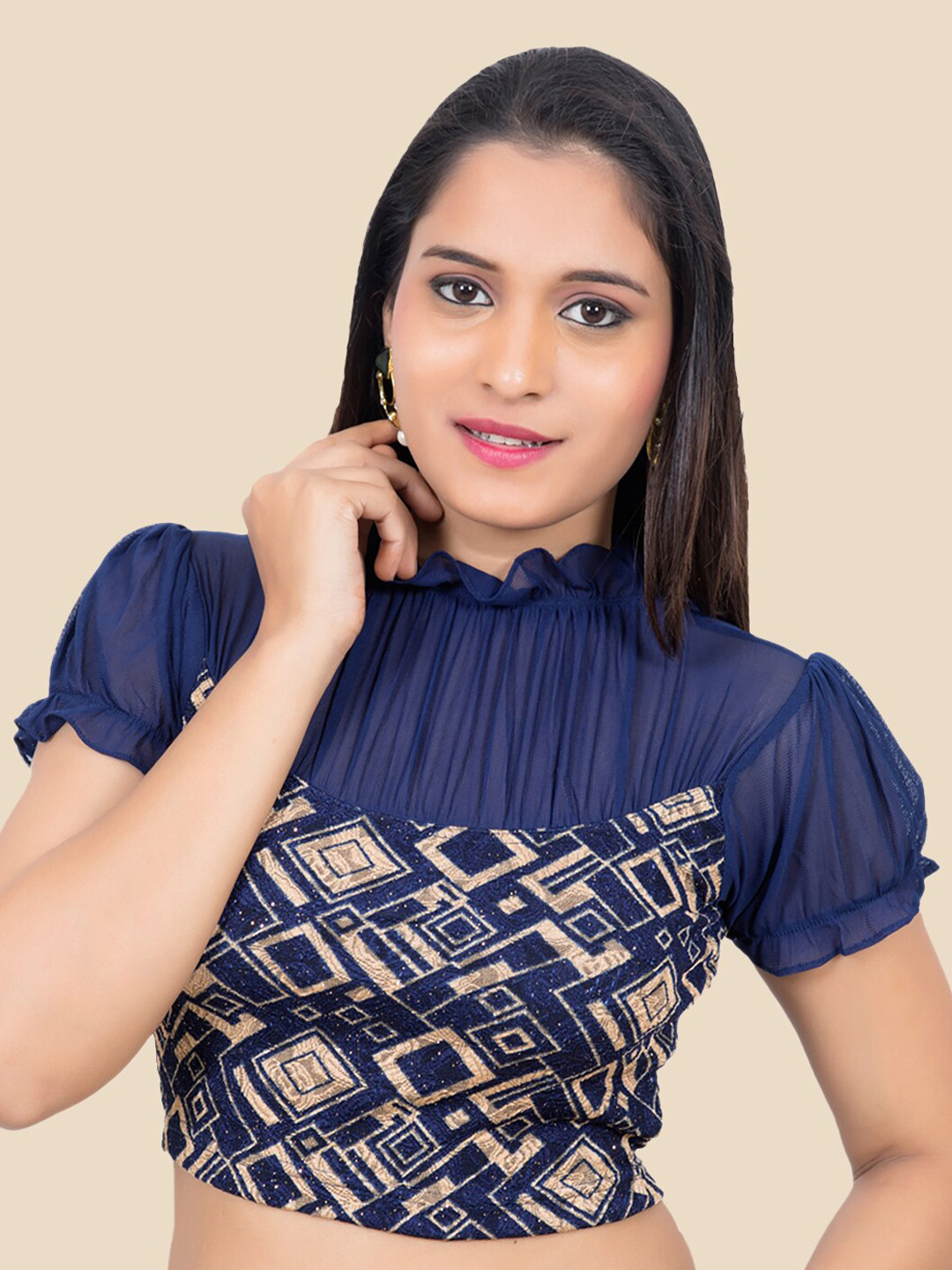 

FEMMIBELLA Navy Blue Printed Saree Blouse