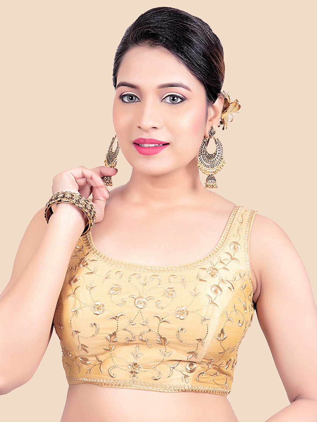 

FEMMIBELLA Gold-Toned Embroidered Saree Blouse