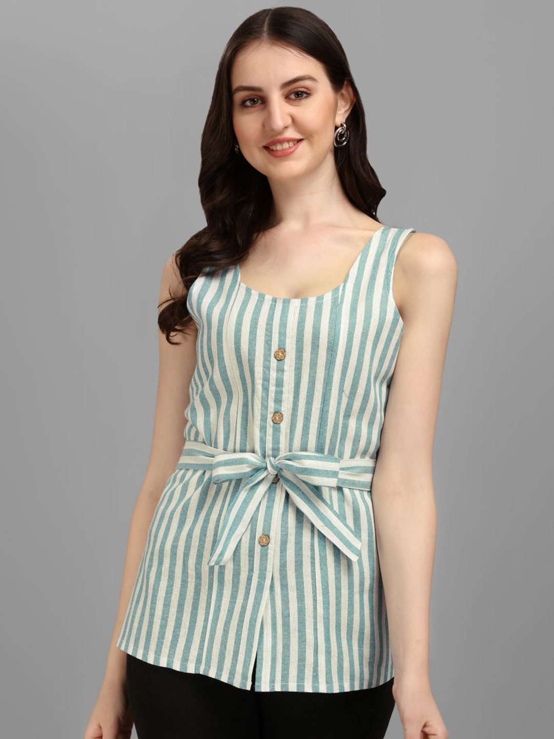 

GUFRINA Olive Green Striped Cinched Waist Top