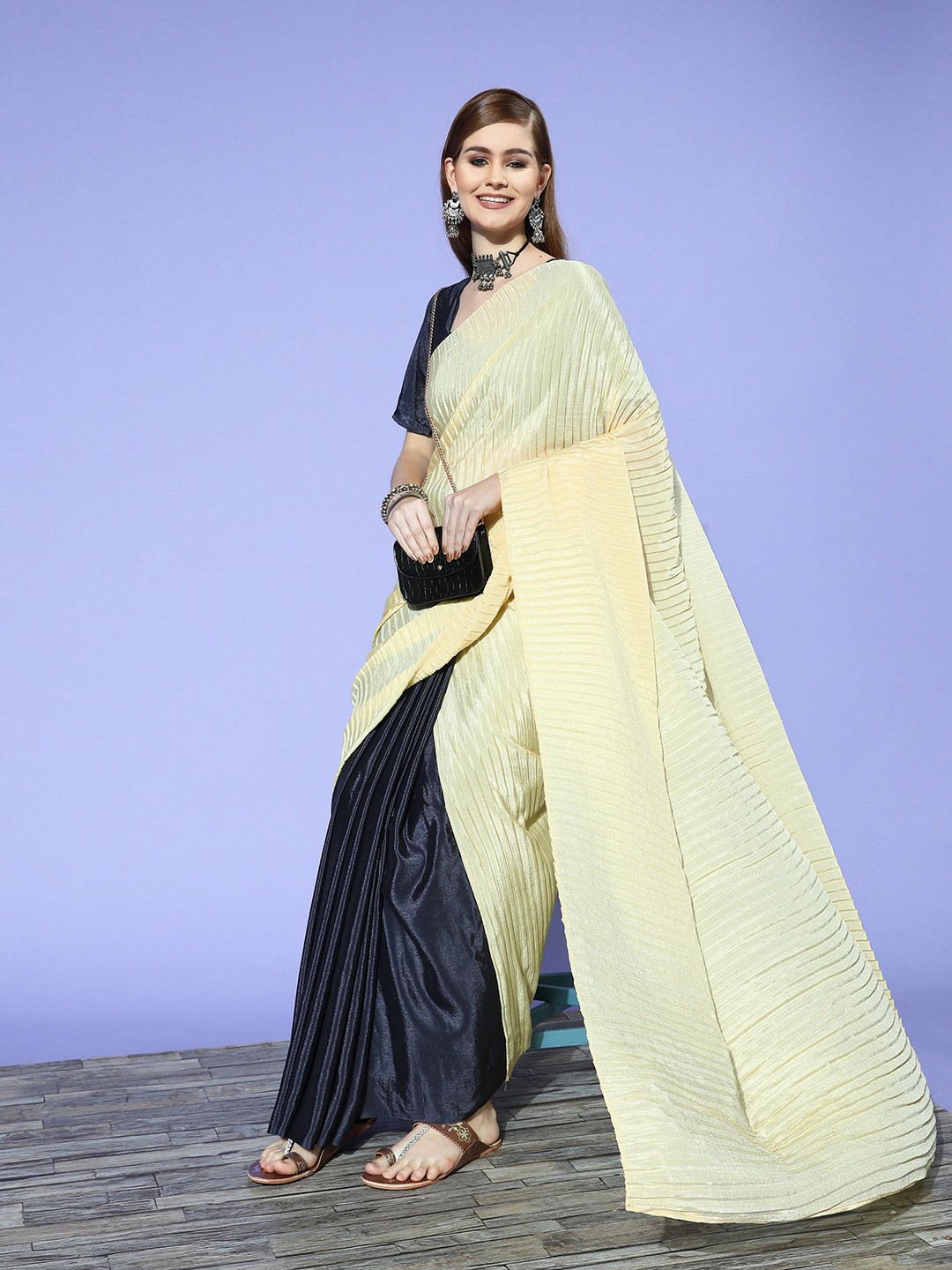 

Satrani Yellow & Grey Silk Blend Saree