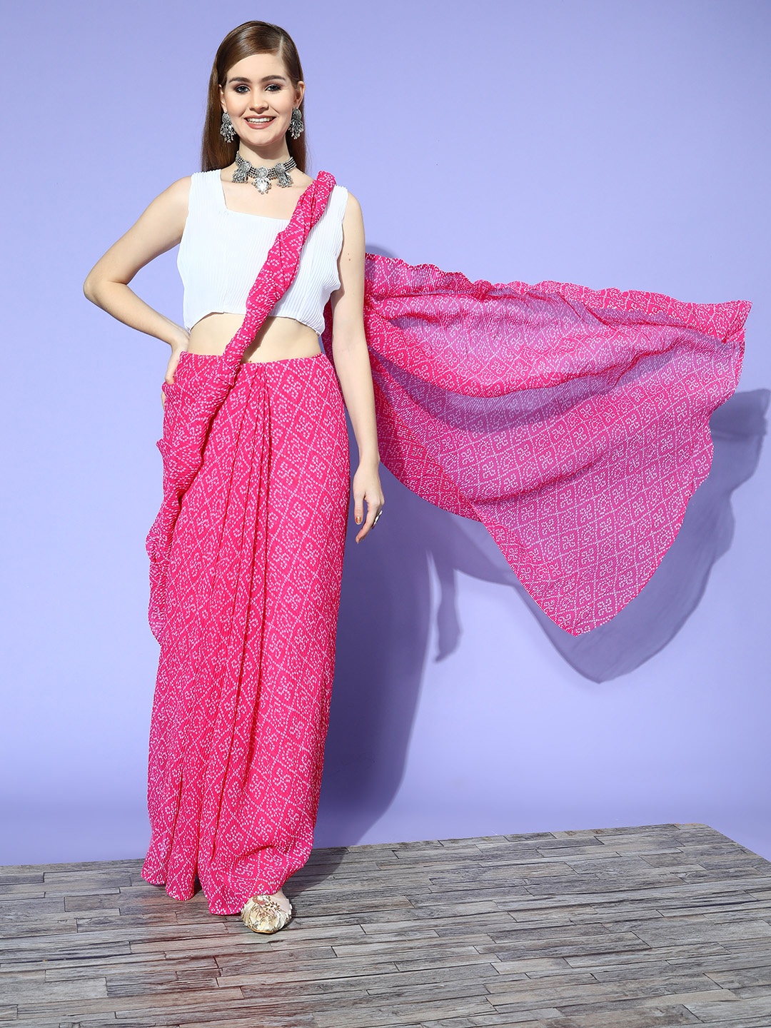 

Satrani Pink & White Bandhani Saree