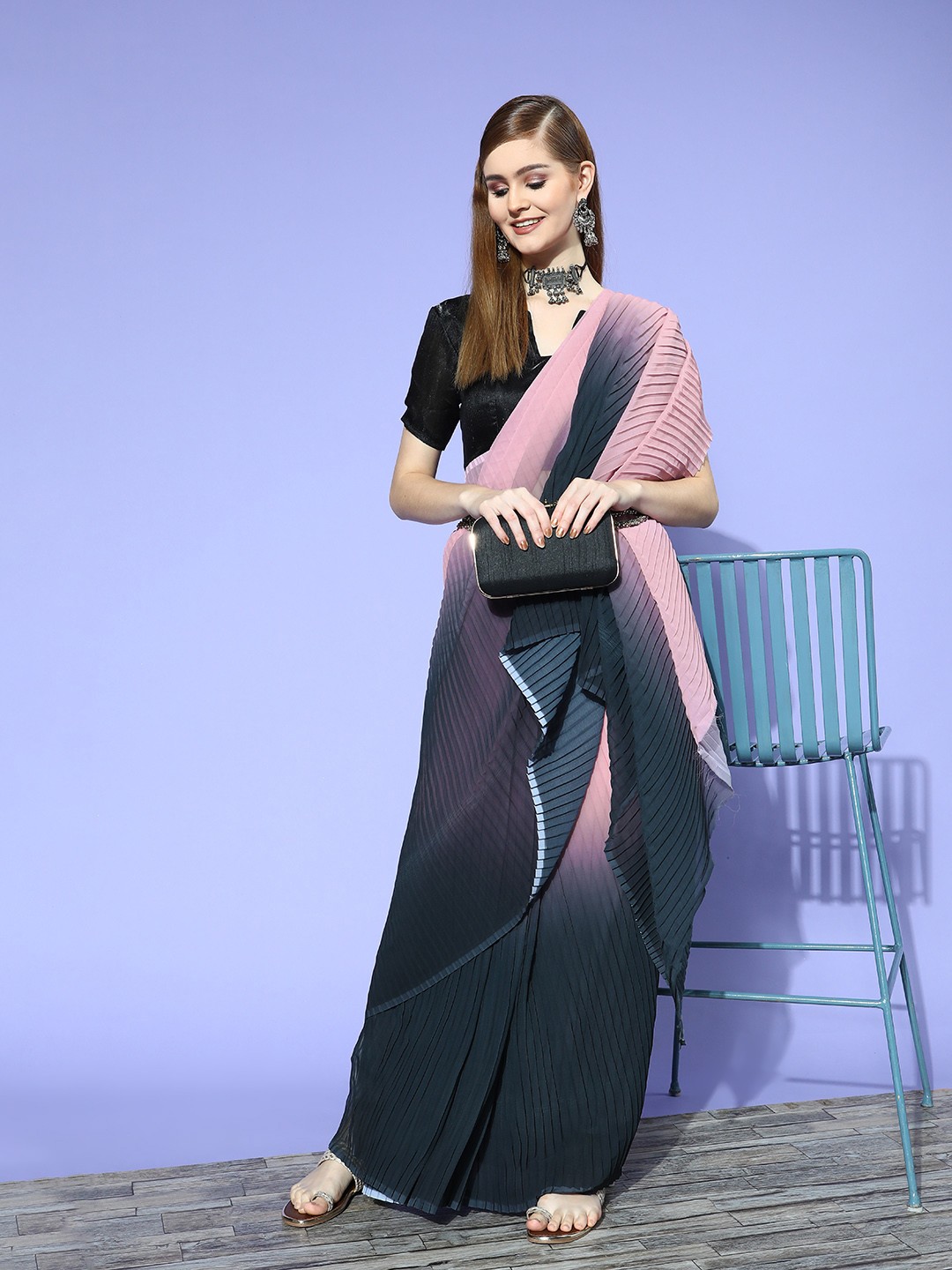 

Satrani Pink & Charcoal Black Ombre Plisse Saree