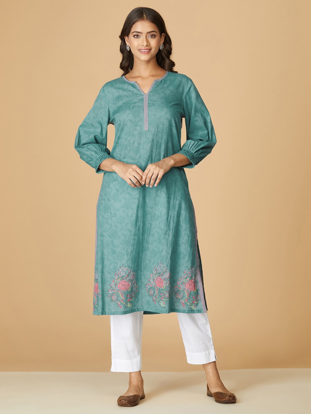 

Fabindia Women Blue & Pink Handblock Print Pure Cotton Puff Sleeves Kurta