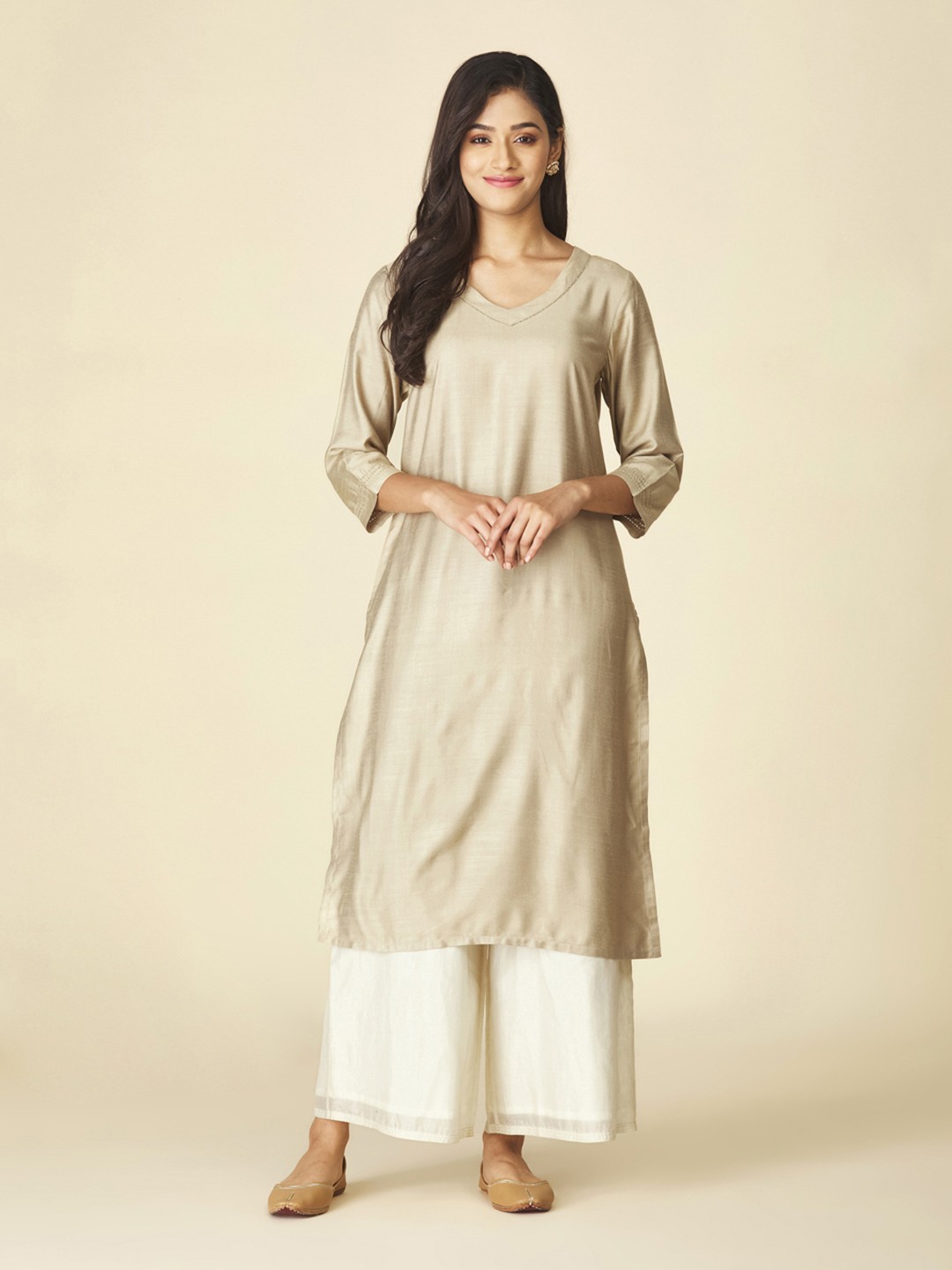 

Fabindia Women Beige Solid Kurta
