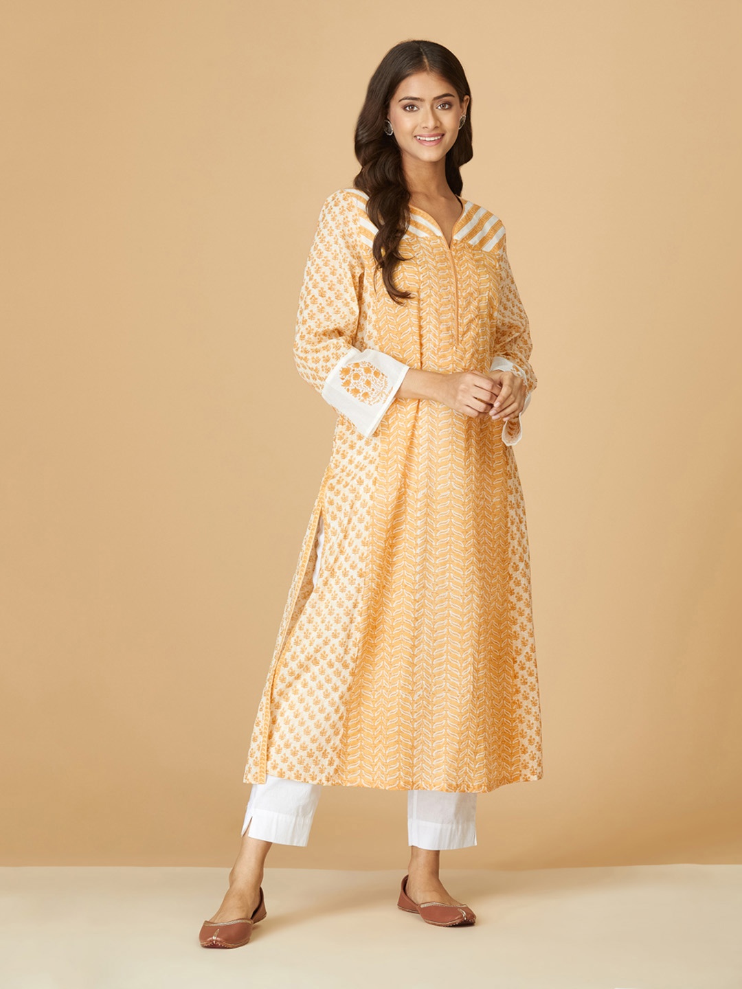 

Fabindia Women Mustard Yellow Ethnic Hand Block Print Cotton Kurta