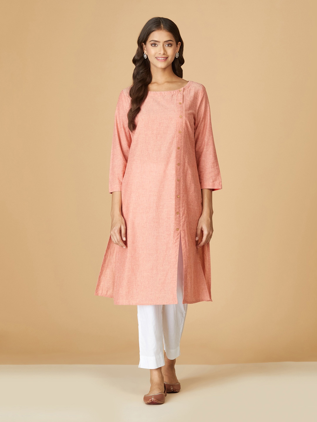 

Fabindia Women Peach-Coloured & Orange Striped Pure Cotton Multiple Slits Kurta