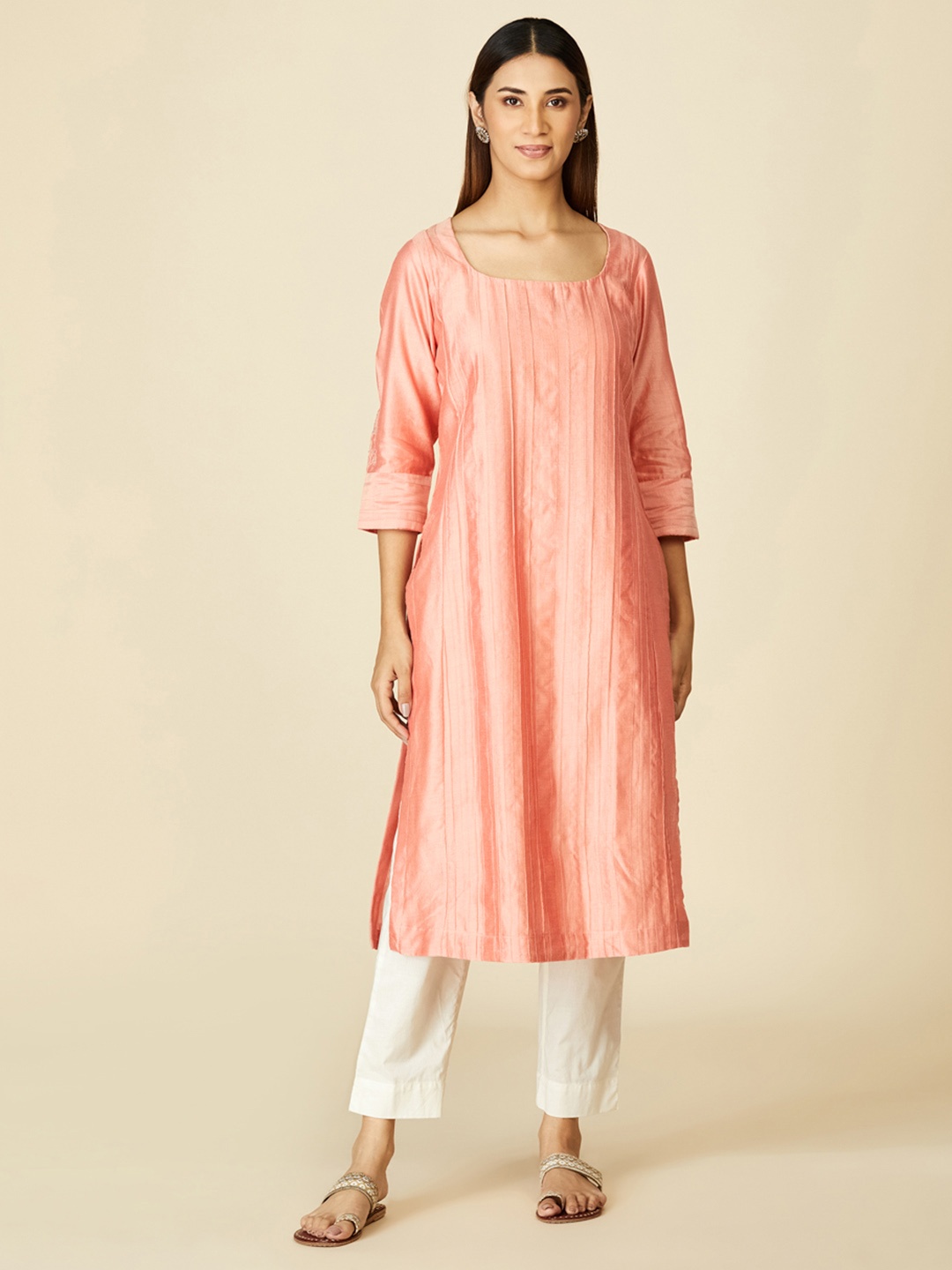 

Fabindia Women Peach-Coloured Cotton Silk Scoop Neck Pintucks Straight Kurta, Pink