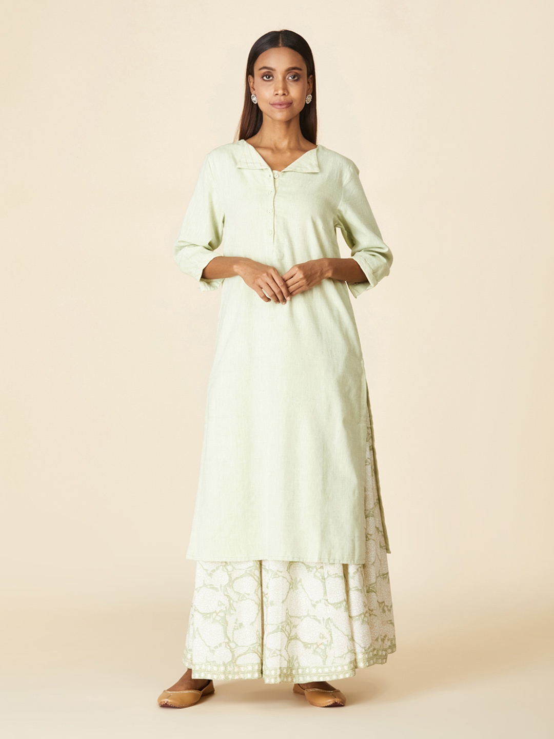 

Fabindia Women Green Solid Pure Cotton Kurta with Skirt