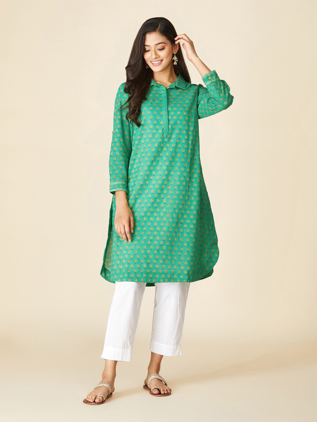 

Fabindia Women Green & Yellow Handblock Print Pure Cotton Pathani Kurta