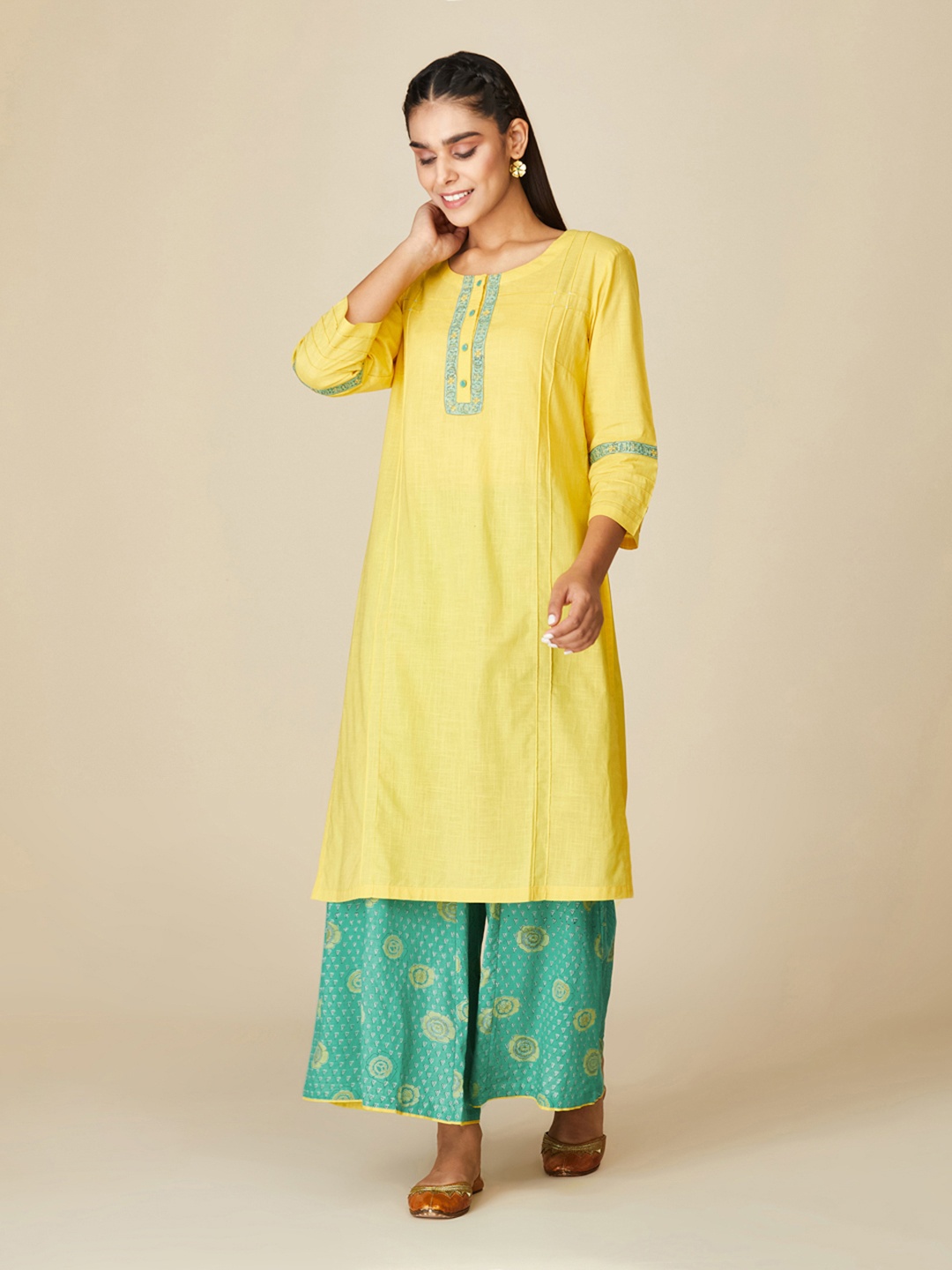 

Fabindia Women Yellow Pure Cotton Kurta with Palazzos