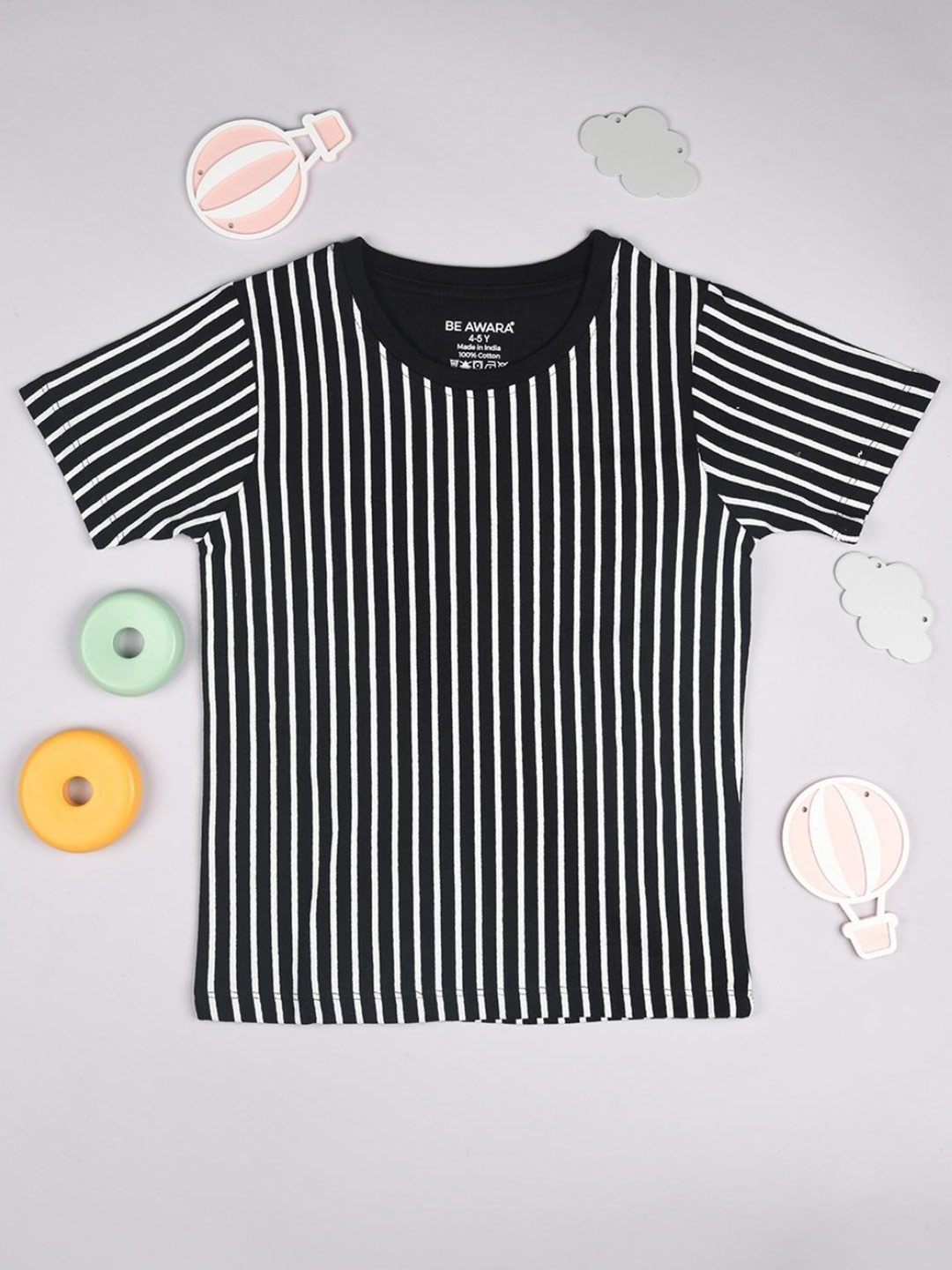 

BE AWARA Kids Black Striped Drop-Shoulder Sleeves T-shirt