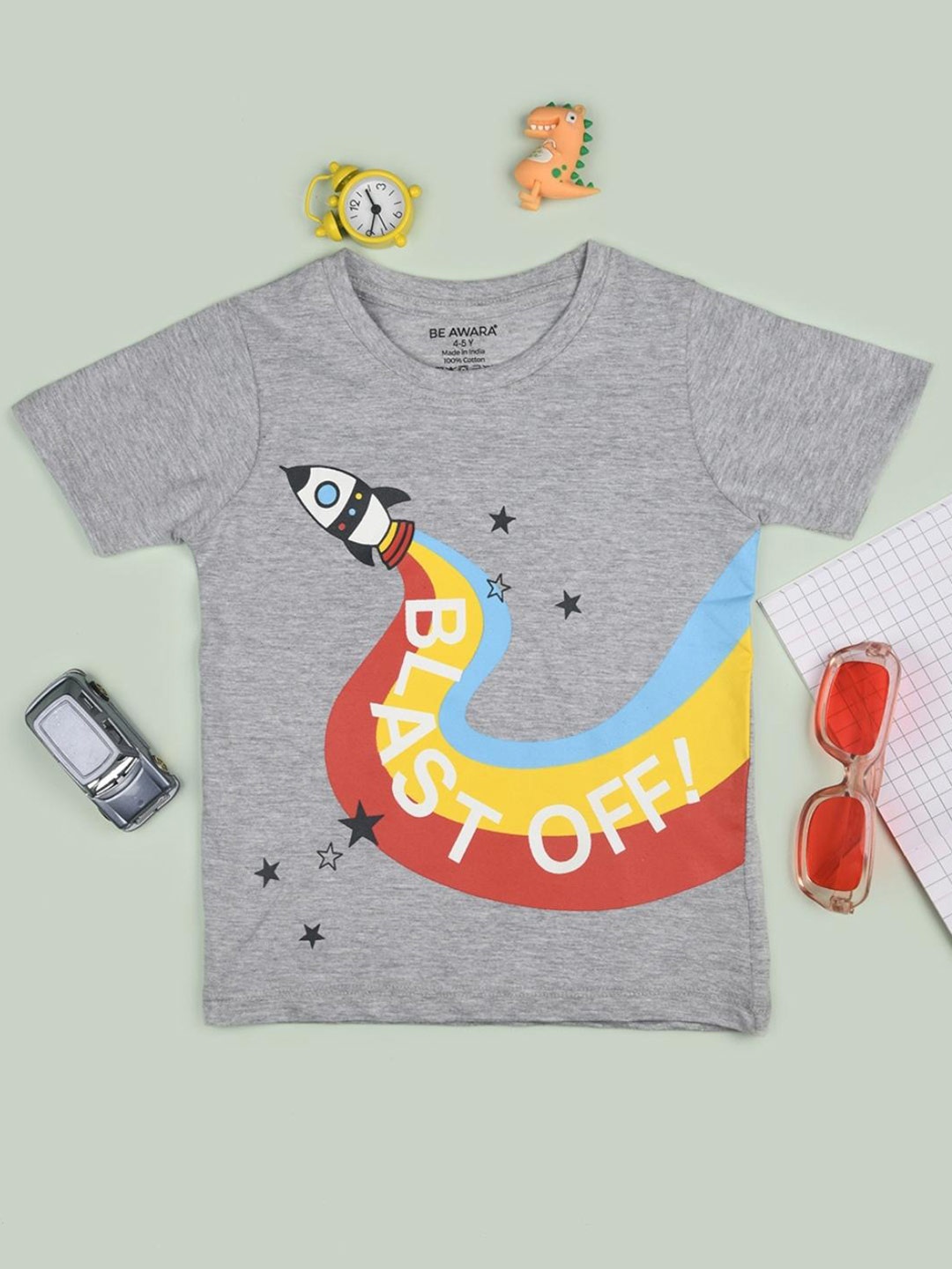 

BE AWARA Kids Grey Melange Printed T-shirt