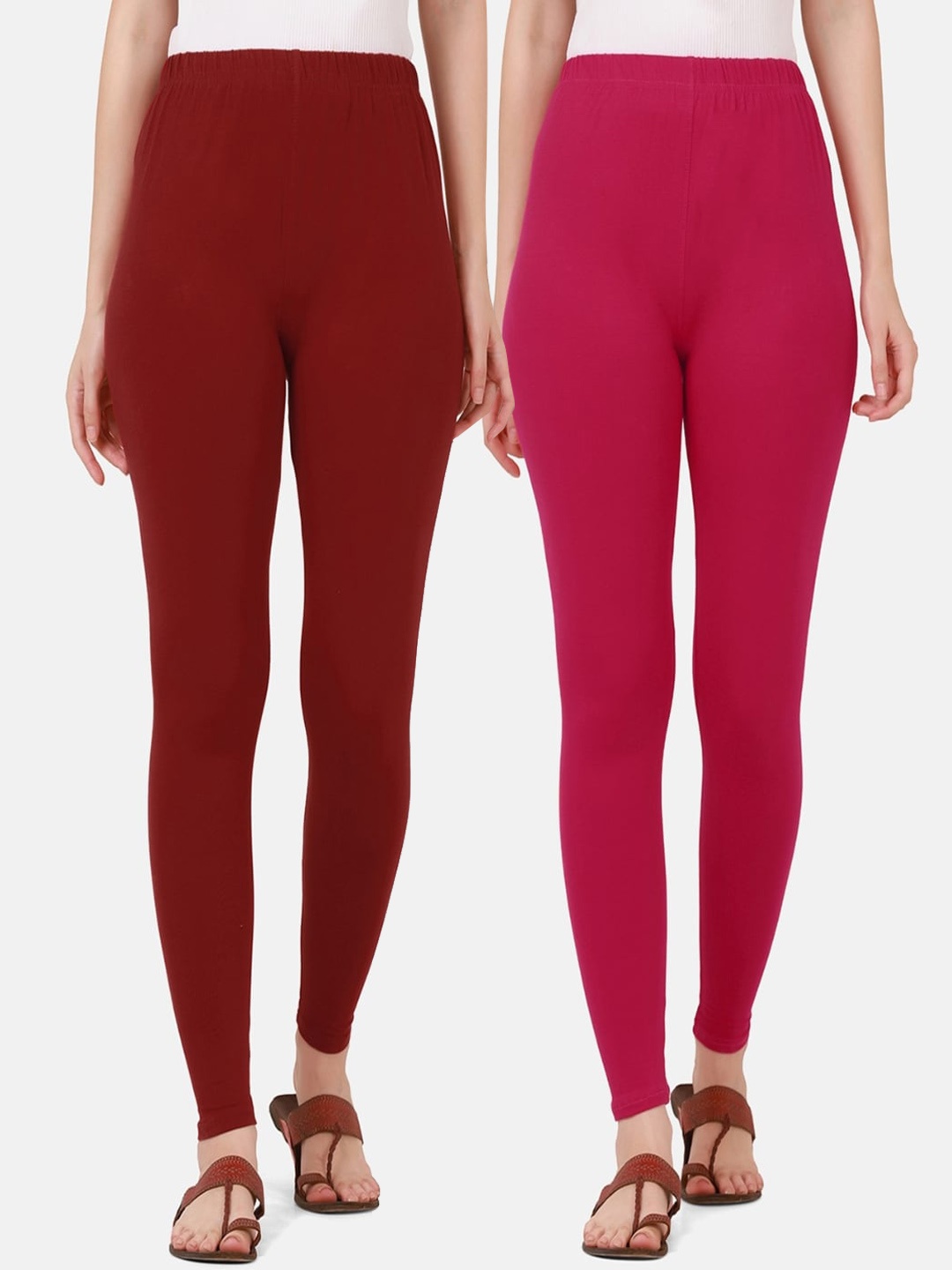 

BUY NEW TREND Women Pack Of 2 Solid Pure Cotton Ankle-Length Leggings, Maroon