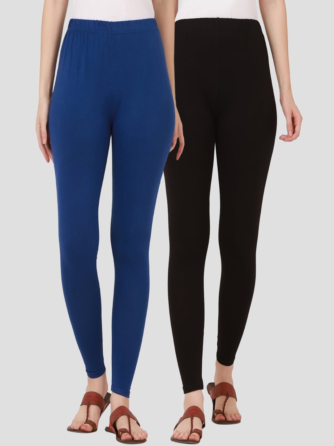 

BUY NEW TREND Women Set of 2 Royal Black &Blue Cotton Ankle Length Leggings, Navy blue