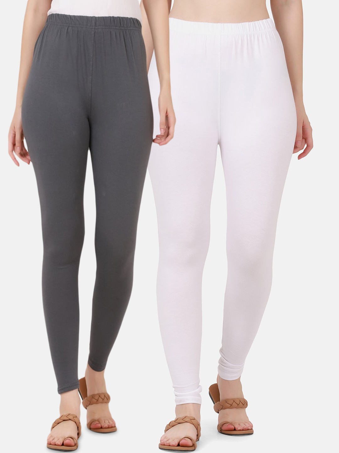

BUY NEW TREND Women Pack Of 2 White & Grey Solid Ankle-Length Leggings
