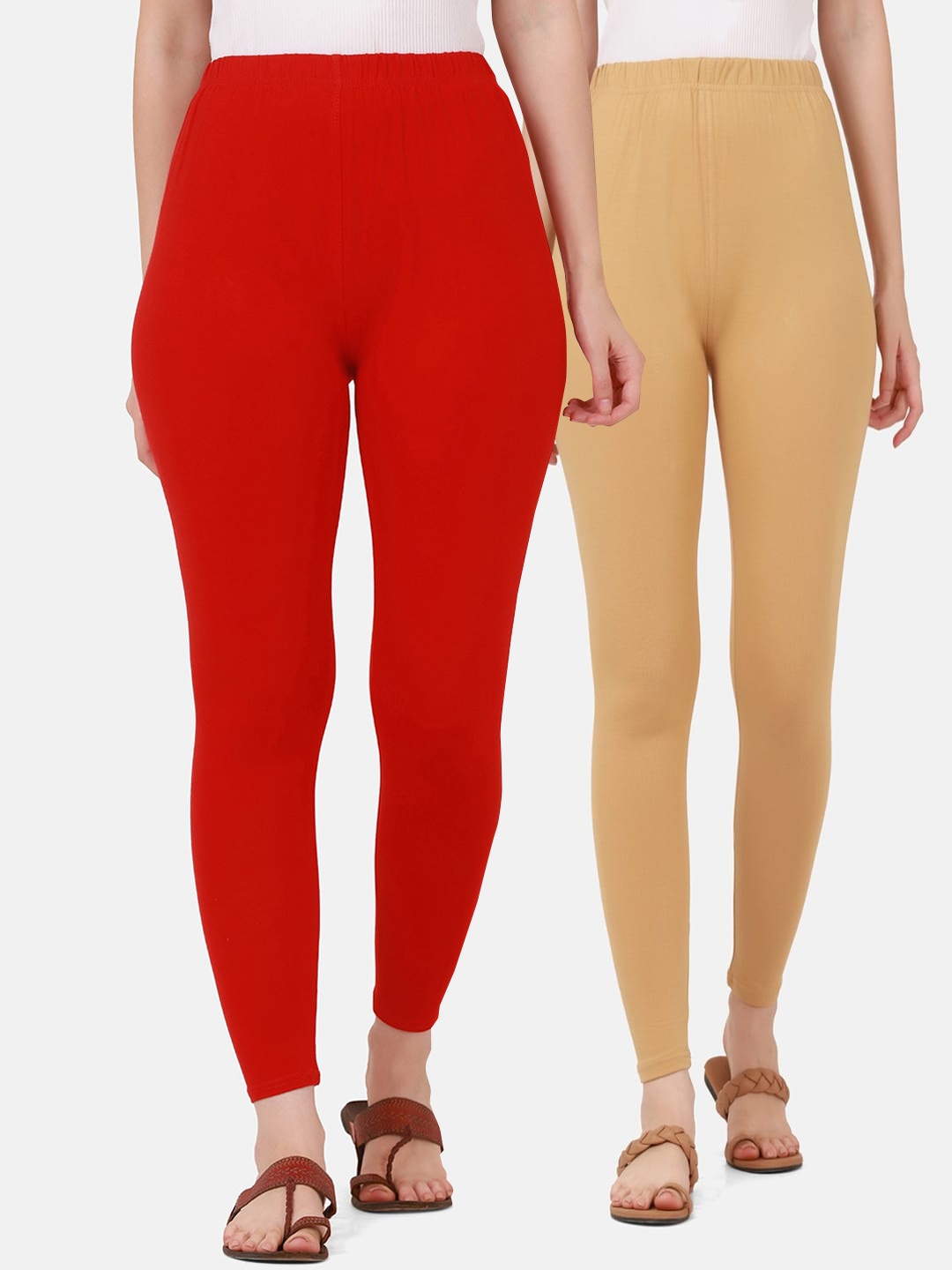 

BUY NEW TREND Women Pack Of 2 Solid Beige & Red Pure-Cotton Ankle-Length Leggings